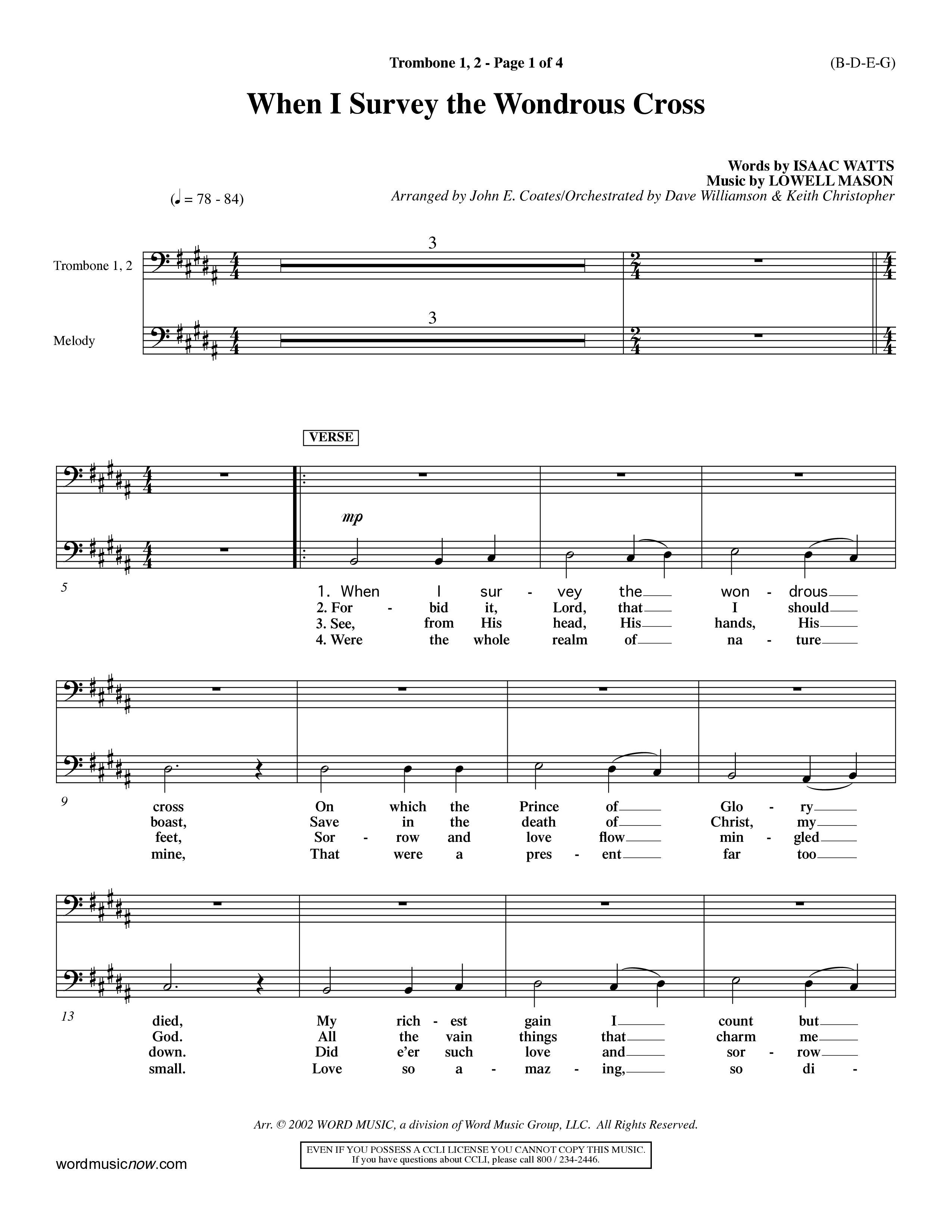 When I Survey The Wondrous Cross (Choral Anthem SATB) Trombone 1/2 (Word Music Choral / Arr. John Coates / Orch. Dave Williamson / Orch. Keith Christopher)