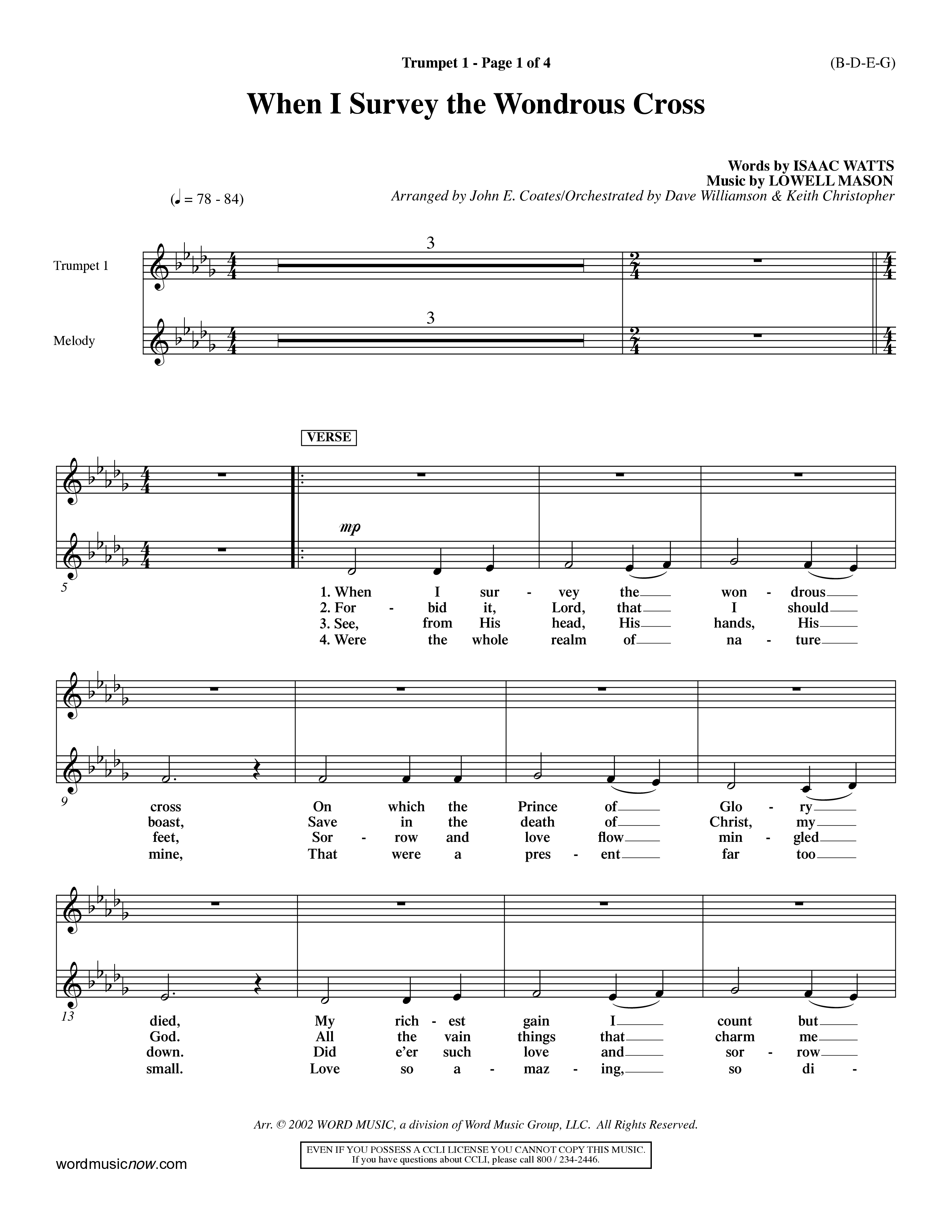 When I Survey The Wondrous Cross (Choral Anthem SATB) Trumpet 1 (Word Music Choral / Arr. John Coates / Orch. Dave Williamson / Orch. Keith Christopher)
