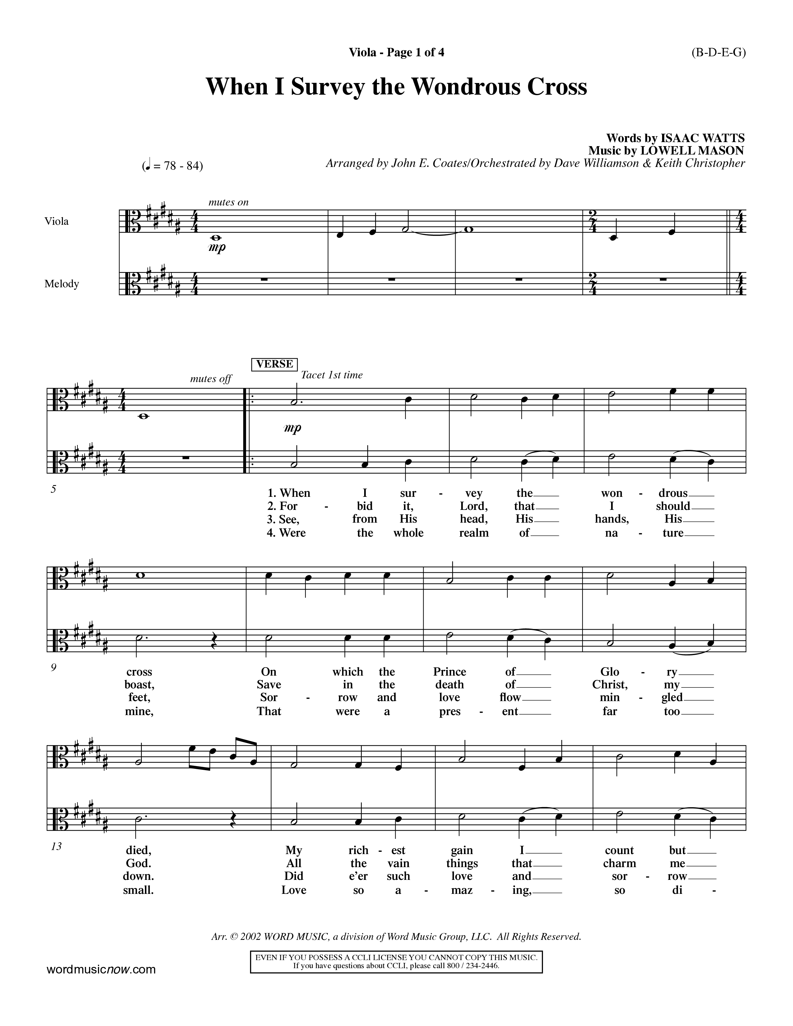 When I Survey The Wondrous Cross (Choral Anthem SATB) Viola (Word Music Choral / Arr. John Coates / Orch. Dave Williamson / Orch. Keith Christopher)