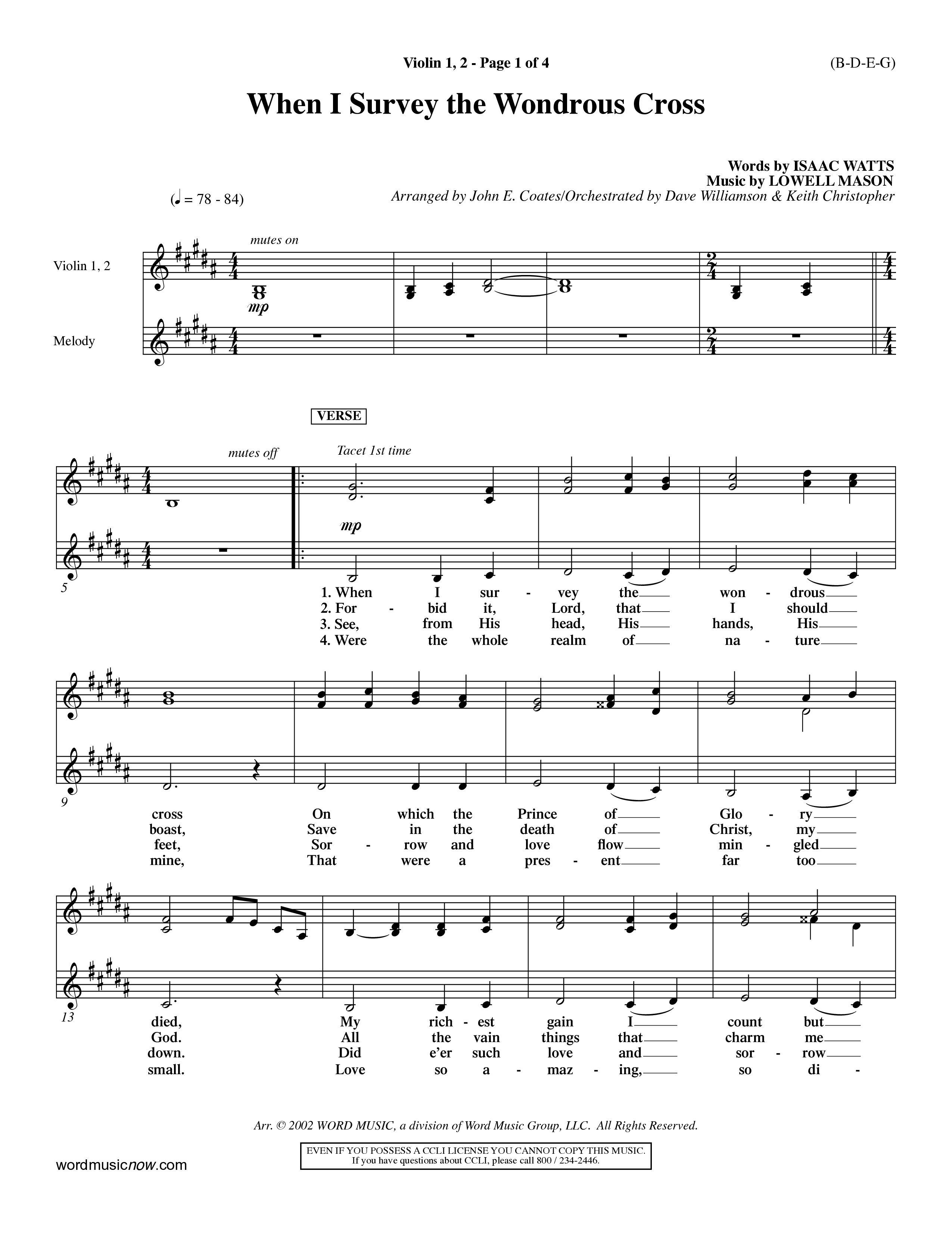 When I Survey The Wondrous Cross (Choral Anthem SATB) Violin 1/2 (Word Music Choral / Arr. John Coates / Orch. Dave Williamson / Orch. Keith Christopher)