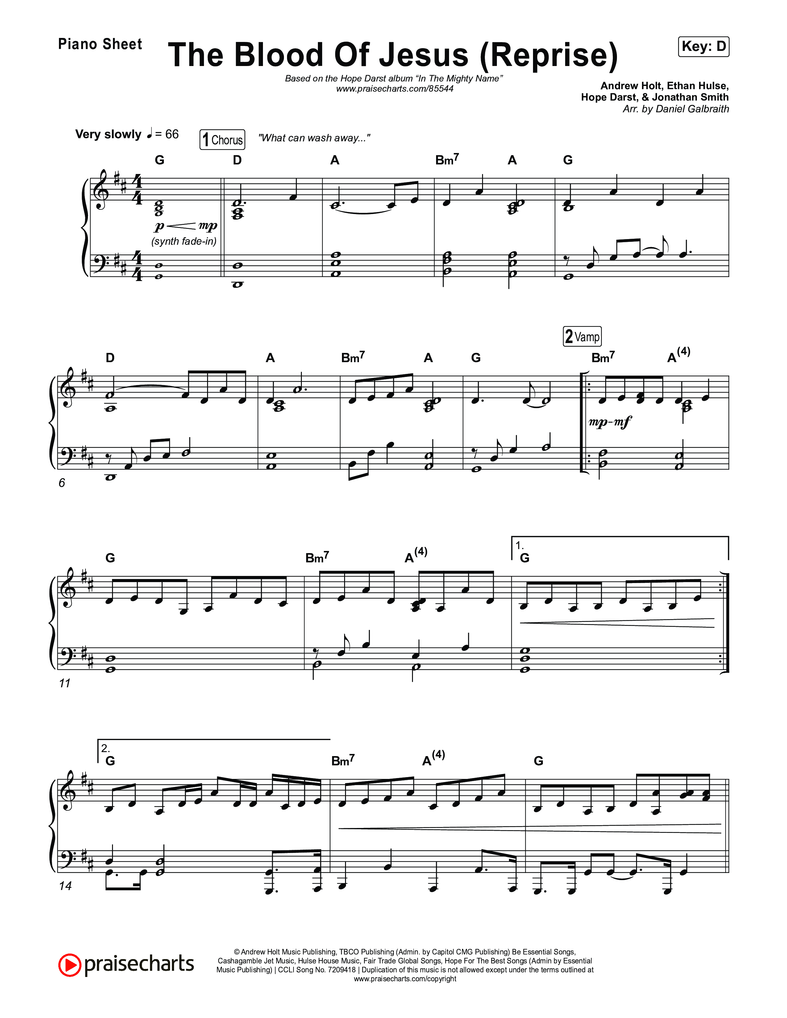 The Blood Of Jesus (Reprise) (Live) Piano Sheet (Hope Darst)