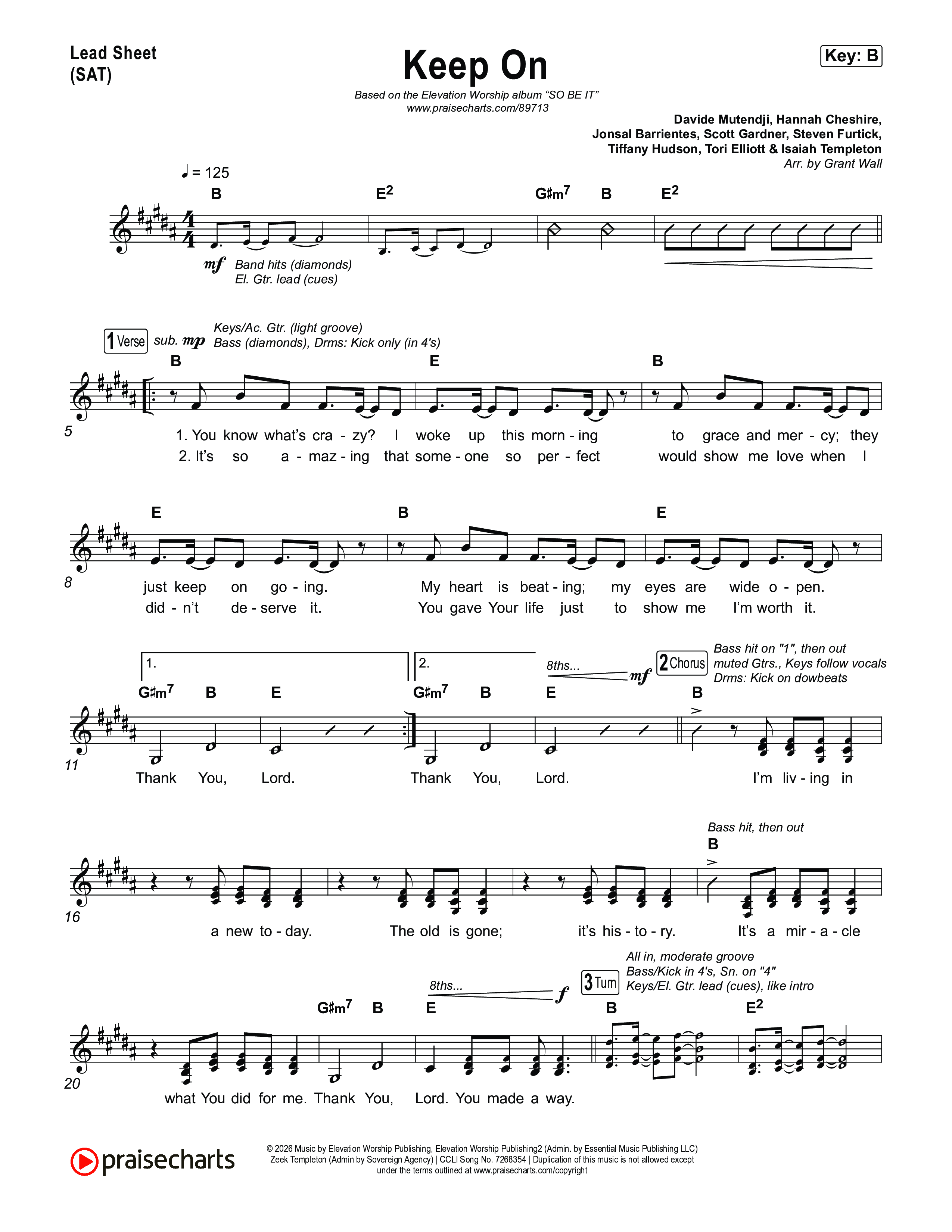 Keep On Lead Sheet (SAT) (Elevation Worship / Davide Mutendji / Tori Elliott / Isaiah Templeton)