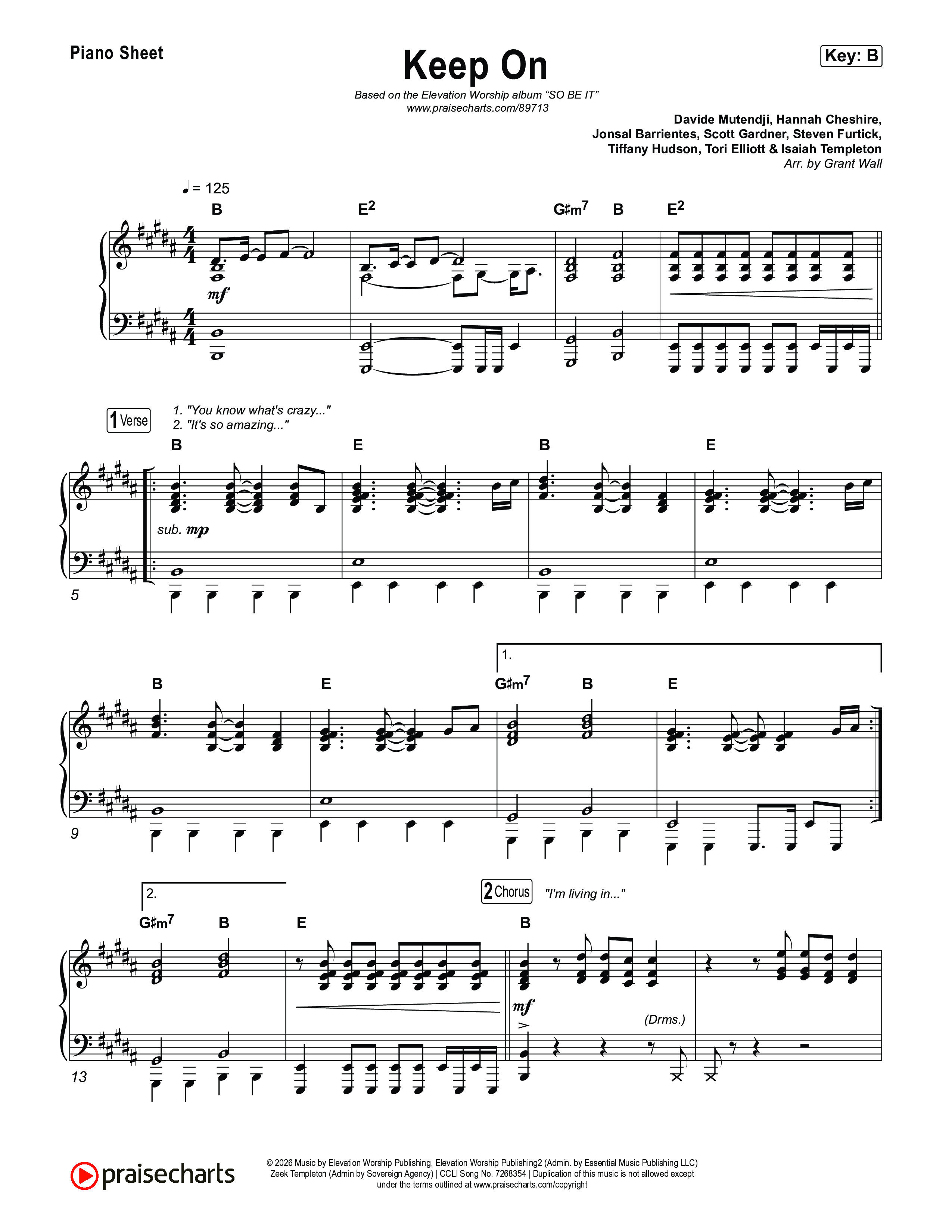 Keep On Piano Sheet (Elevation Worship / Davide Mutendji / Tori Elliott / Isaiah Templeton)