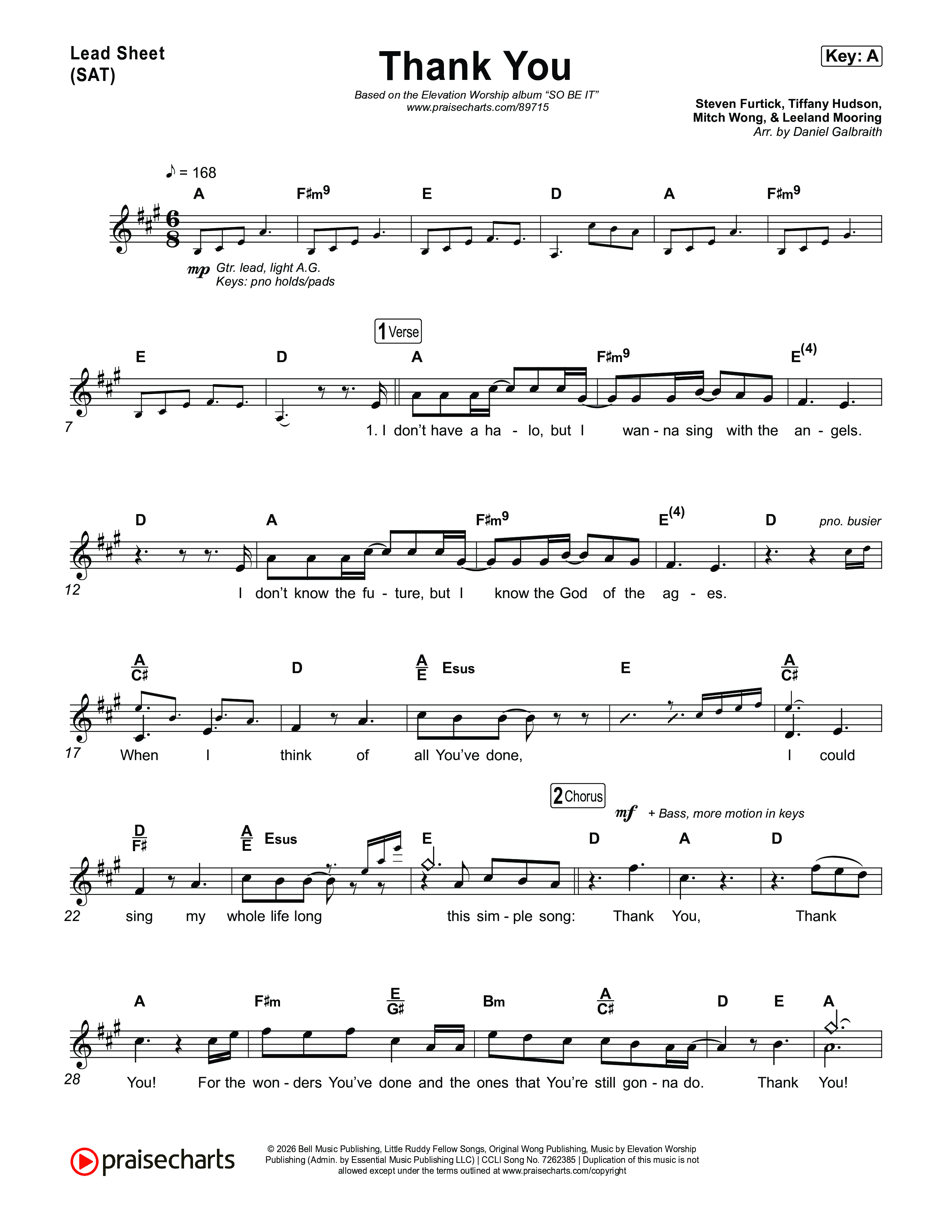 Thank You Lead Sheet (SAT) (Elevation Worship / Tiffany Hudson)