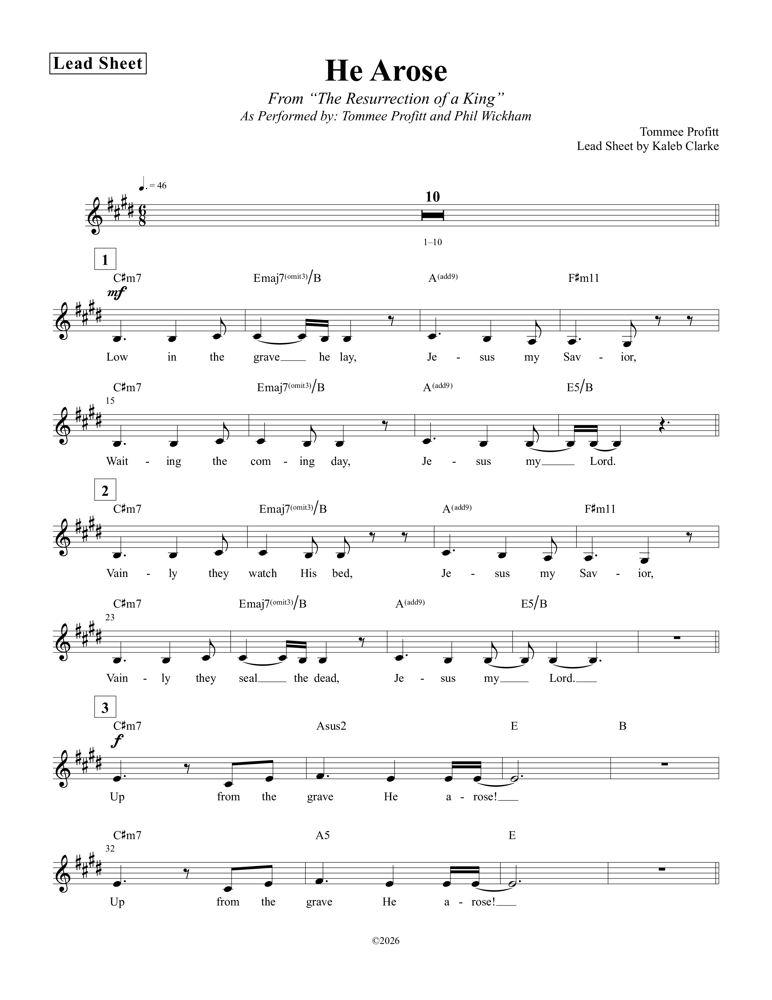 He Arose Lead Sheet Melody (Tommee Profitt / Phil Wickham)