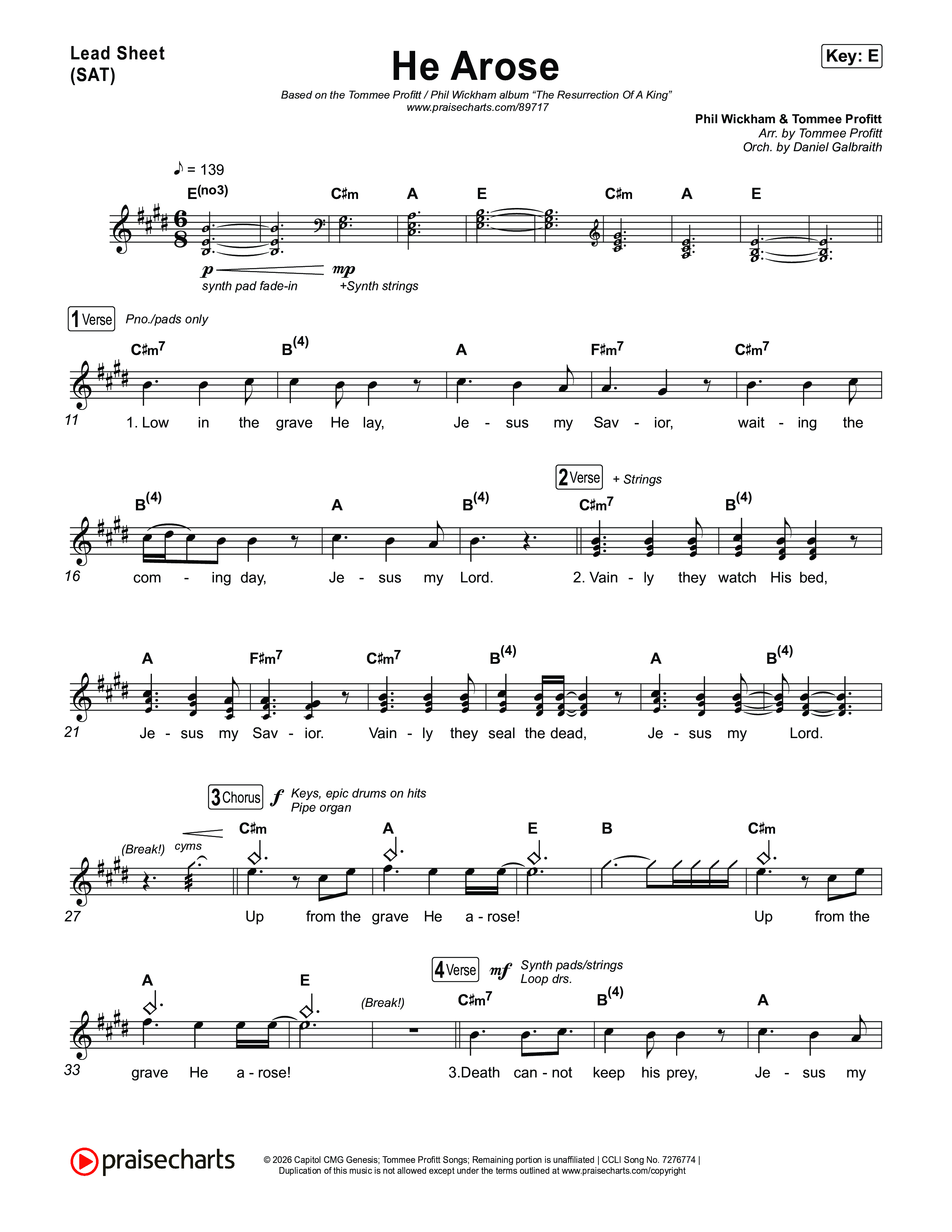 He Arose Lead Sheet (SAT) (Tommee Profitt / Phil Wickham)