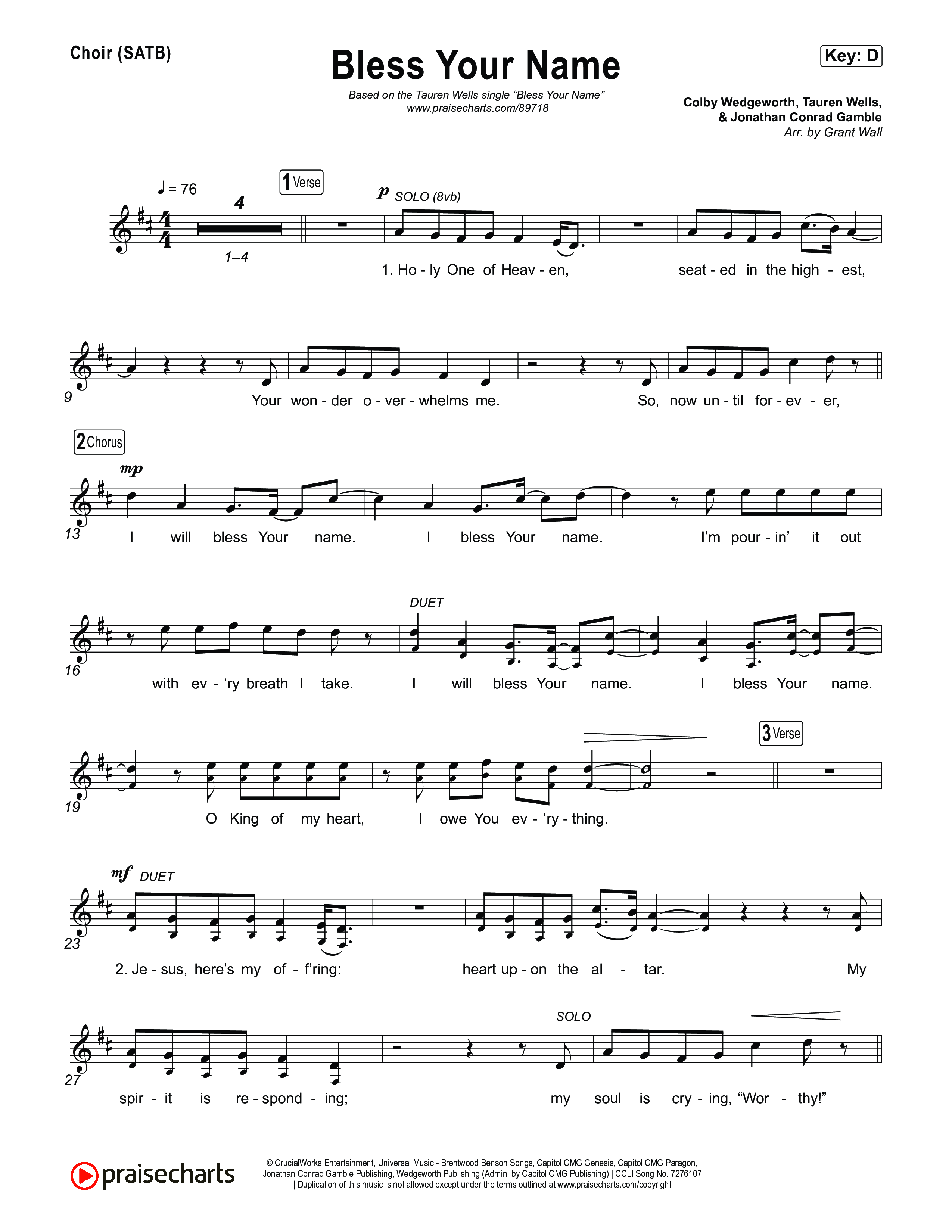 Bless Your Name Choir Sheet (SATB) (Tauren Wells)