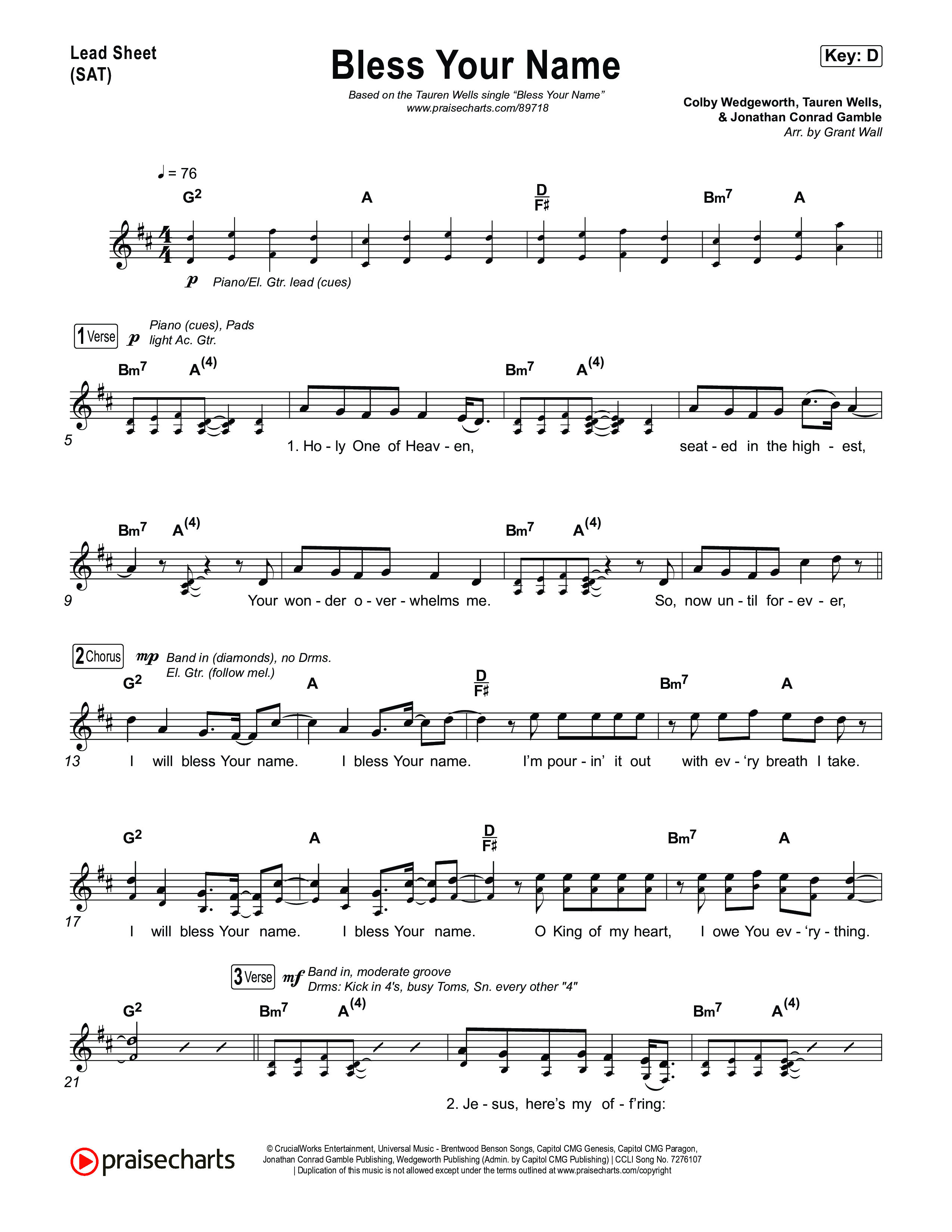 Bless Your Name Lead Sheet (SAT) (Tauren Wells)