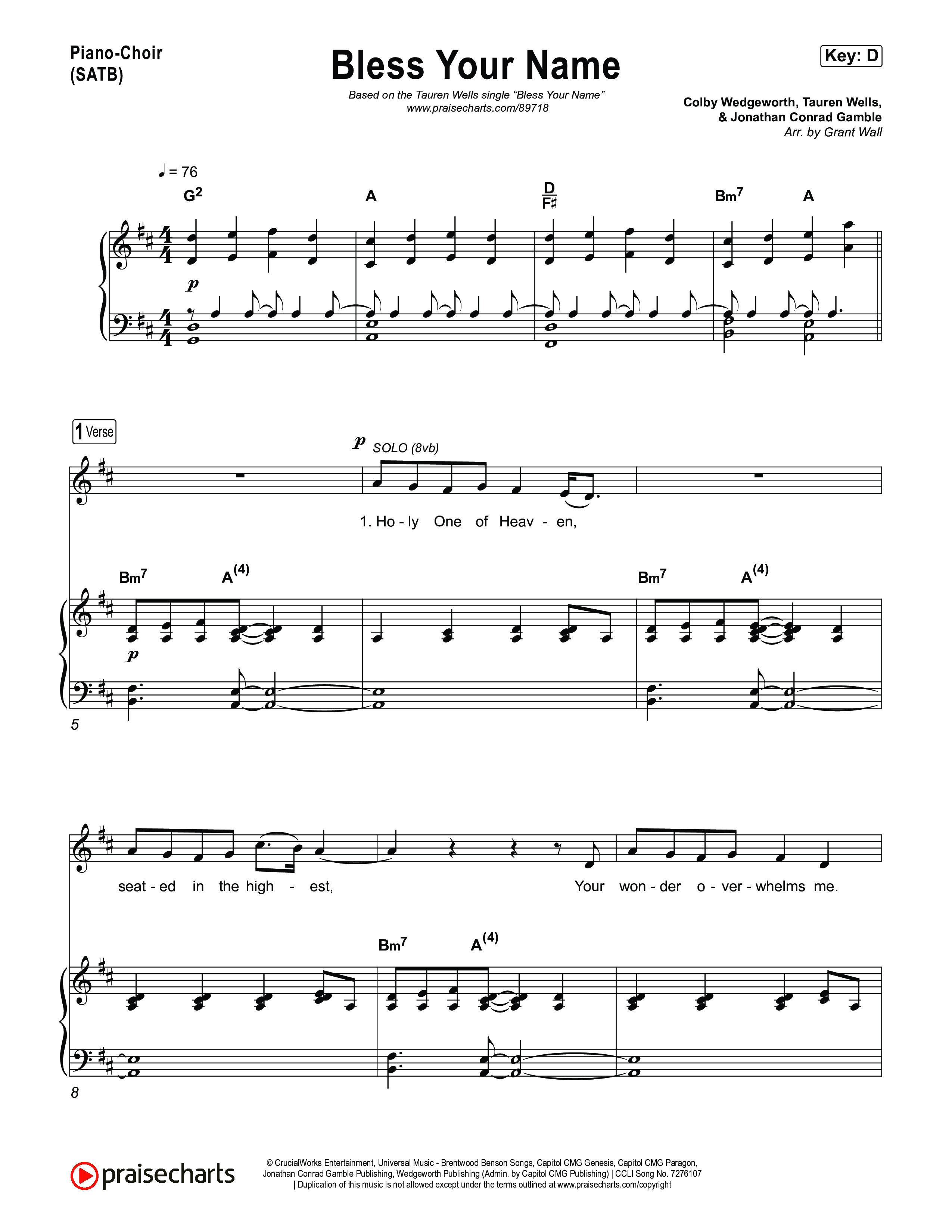 Bless Your Name Piano/Vocal Pack (Tauren Wells)