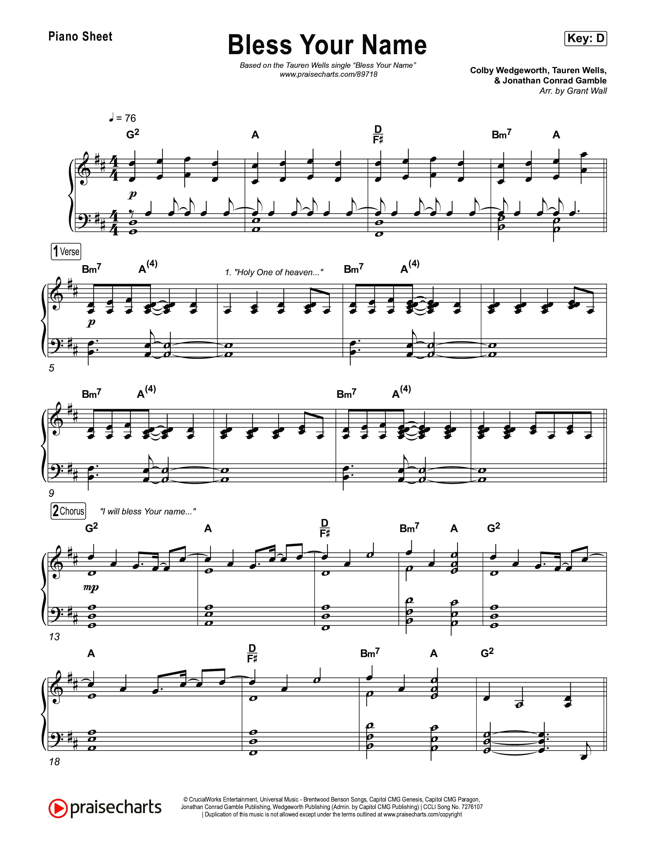 Bless Your Name Piano Sheet (Tauren Wells)
