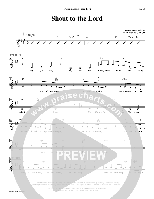Shout To The Lord Lead Sheet (Darlene Zschech)