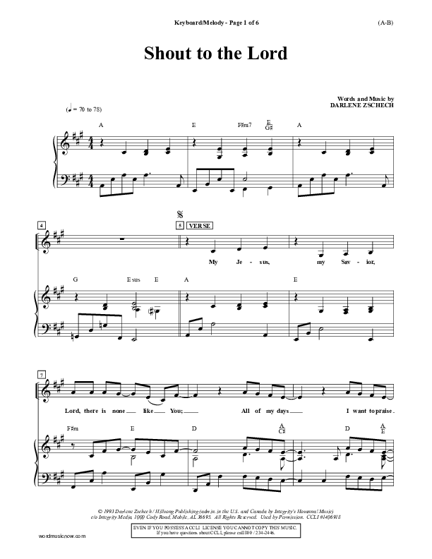 Shout To The Lord Piano Sheet (Darlene Zschech)