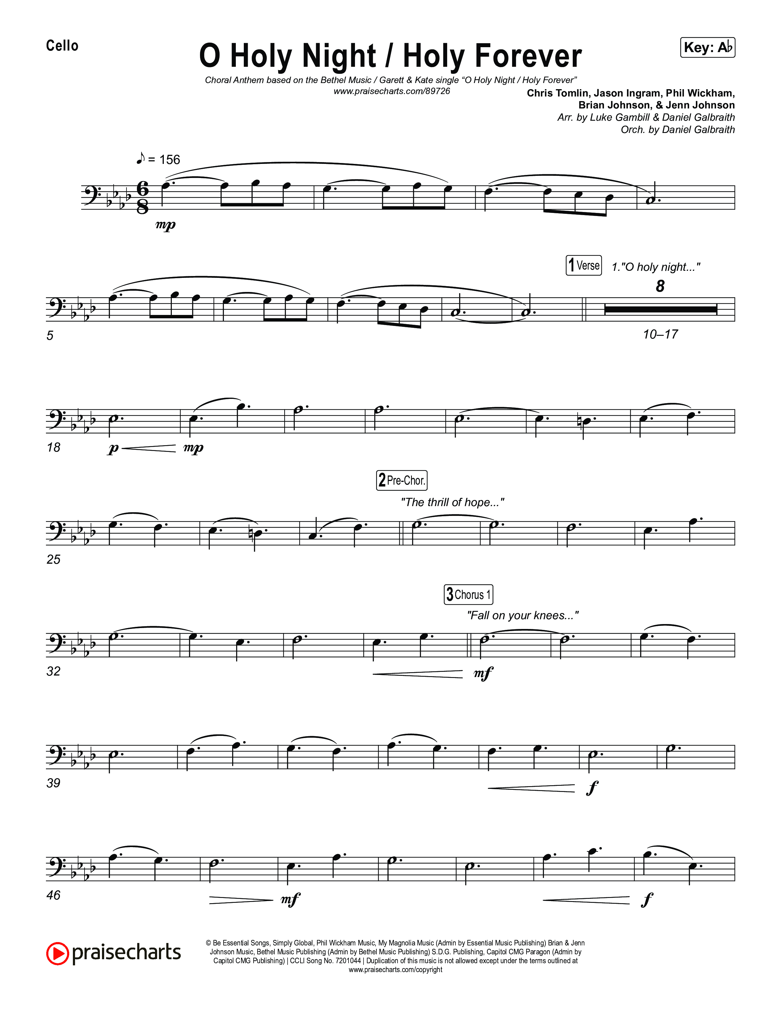 O Holy Night / Holy Forever (Choral Anthem SATB) Cello (Bethel Music / Garett & Kate / Arr. Luke Gambill)