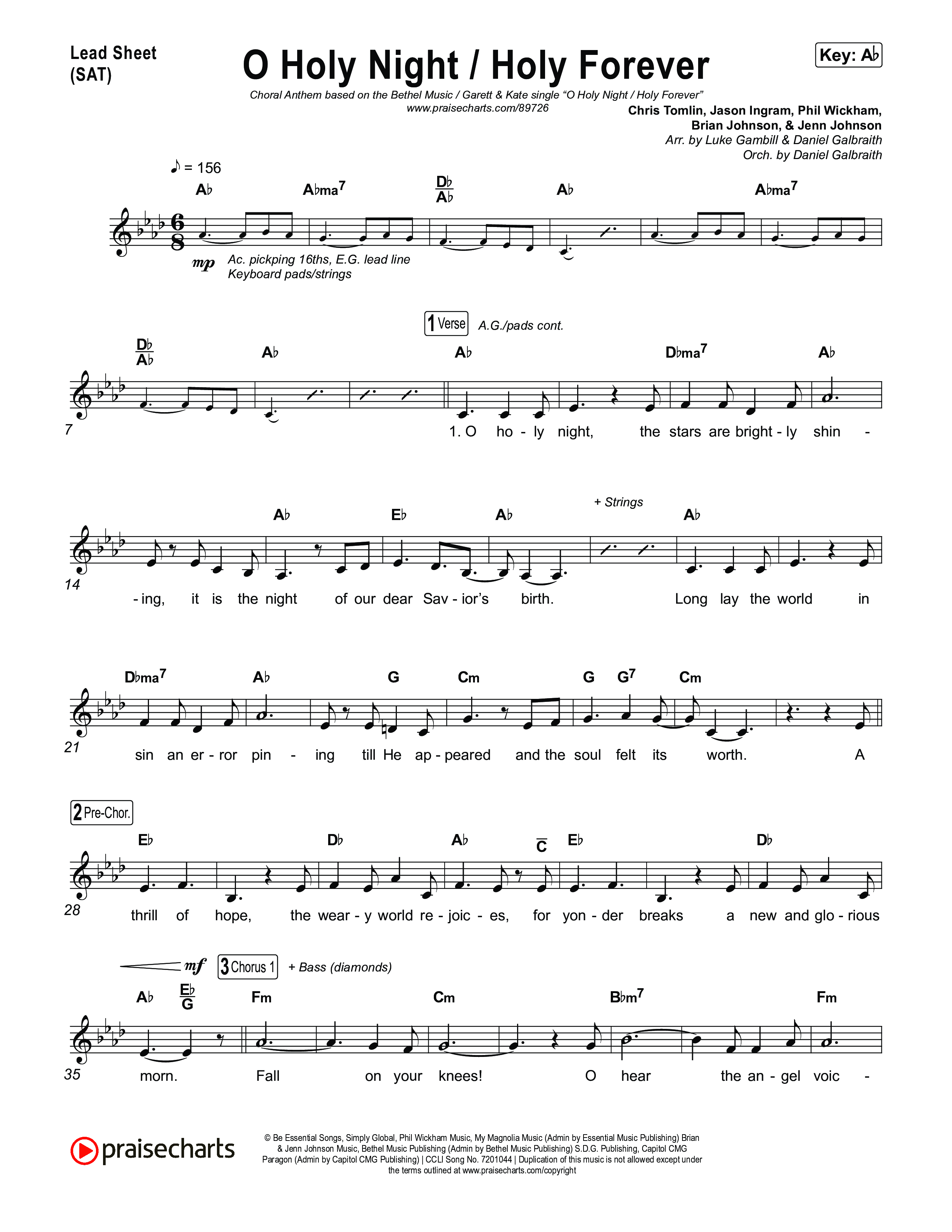 O Holy Night / Holy Forever (Choral Anthem SATB) Lead Sheet (SAT) (Bethel Music / Garett & Kate / Arr. Luke Gambill)