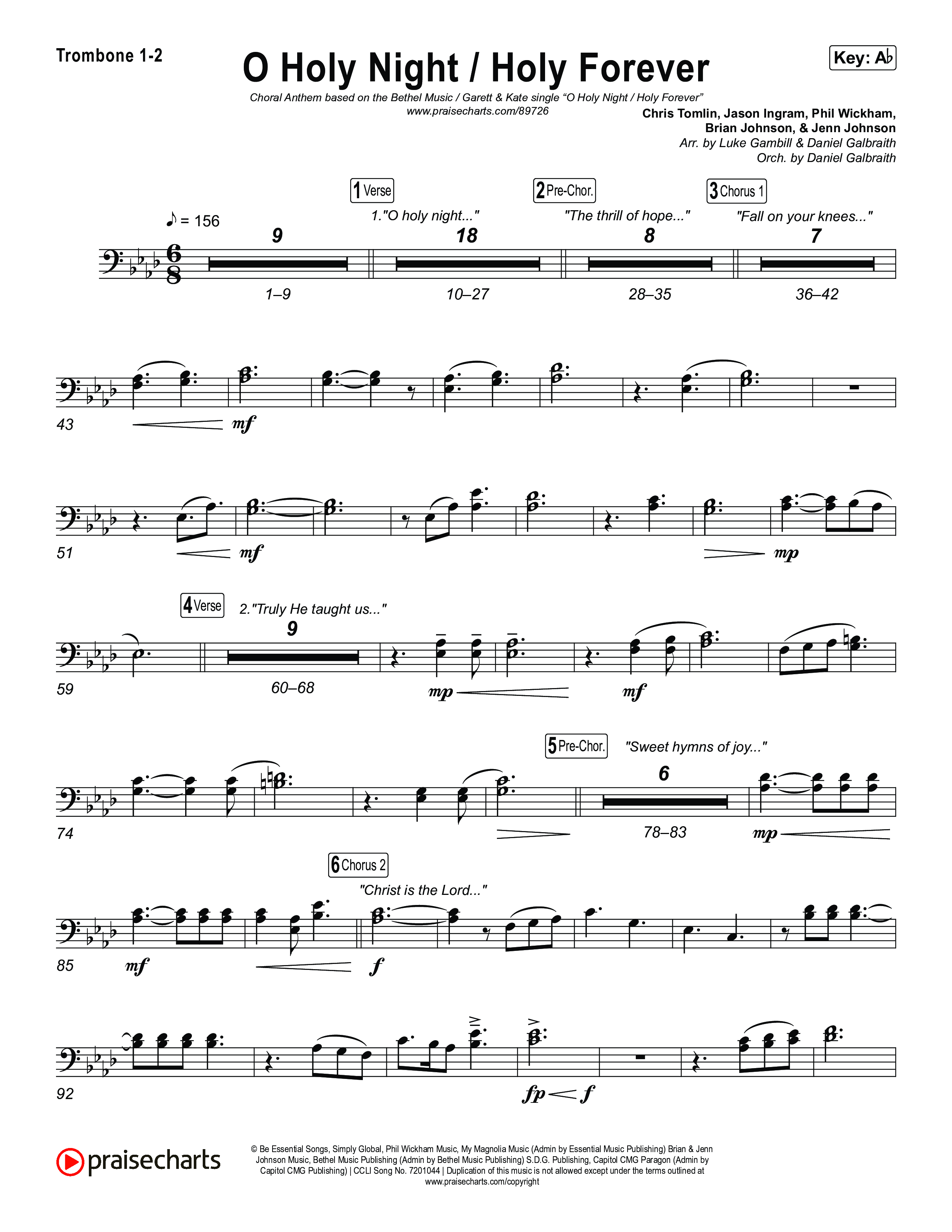 O Holy Night / Holy Forever (Choral Anthem SATB) Trombone 1/2 (Bethel Music / Garett & Kate / Arr. Luke Gambill)