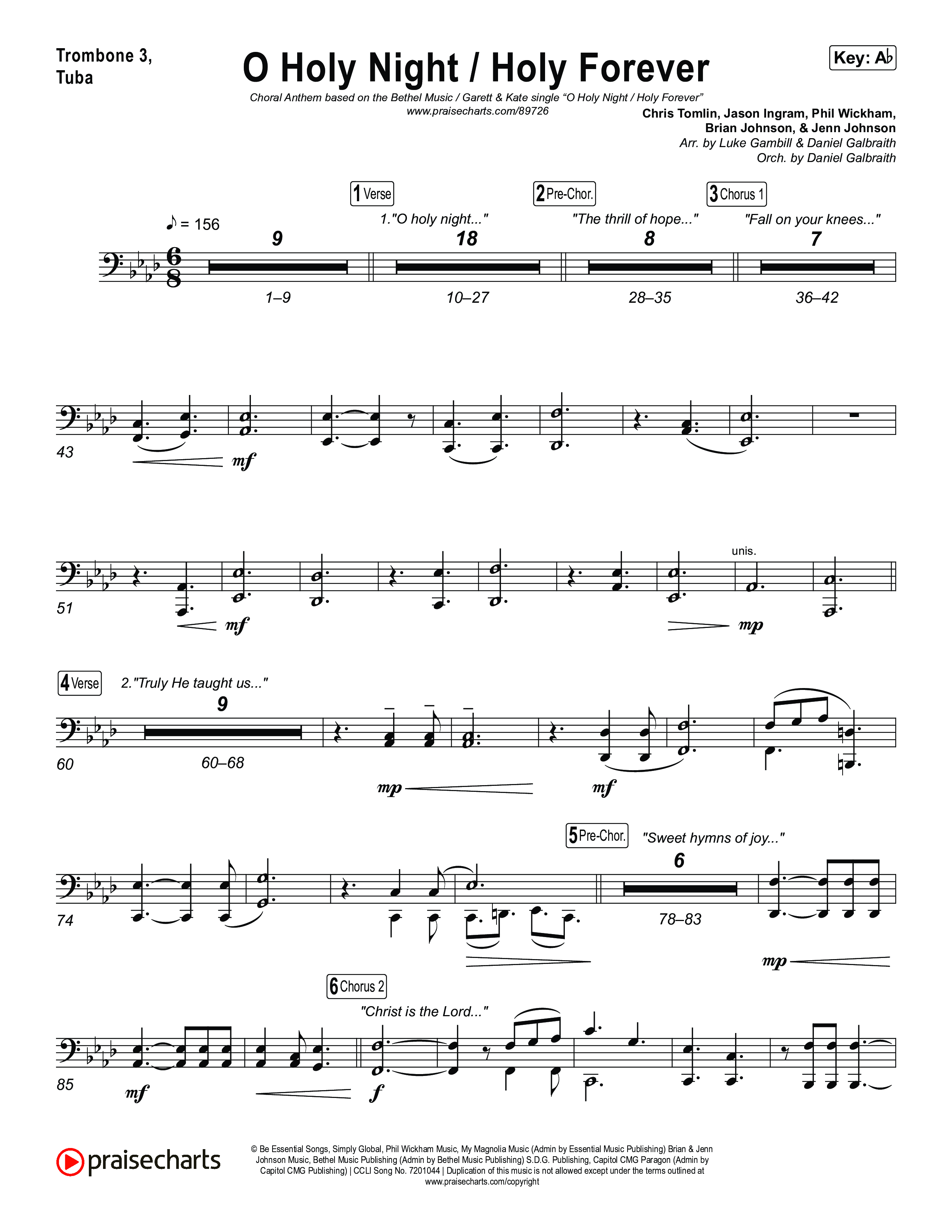 O Holy Night / Holy Forever (Choral Anthem SATB) Trombone 3/Tuba (Bethel Music / Garett & Kate / Arr. Luke Gambill)