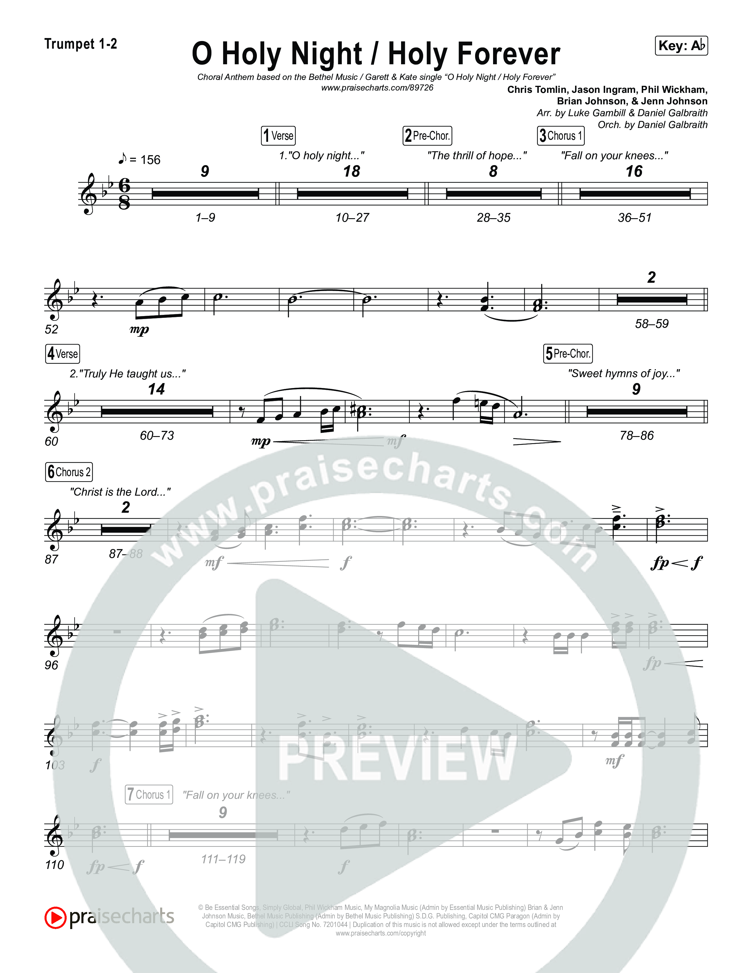 O Holy Night / Holy Forever (Choral Anthem SATB) Trumpet 1,2 (Bethel Music / Garett & Kate / Arr. Luke Gambill)