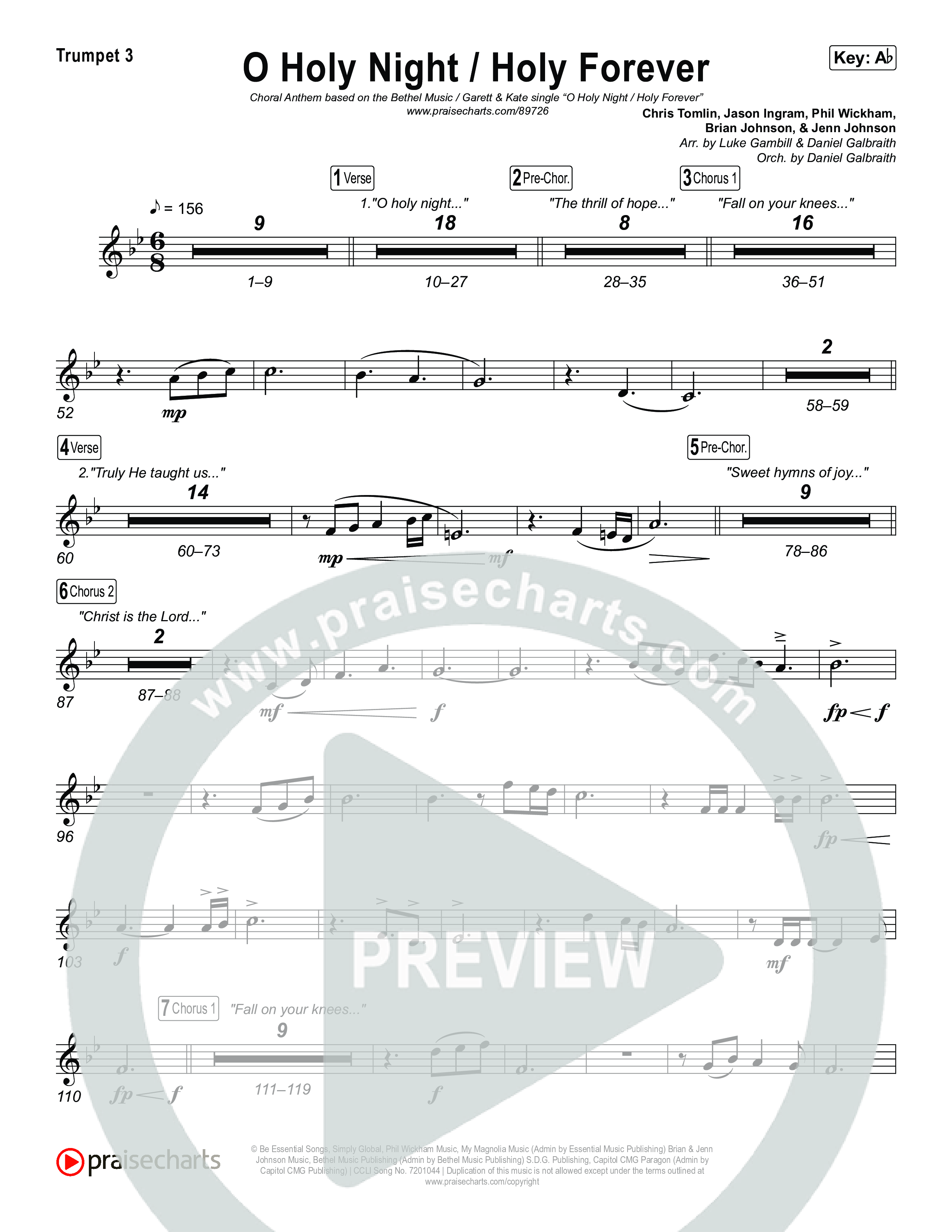 O Holy Night / Holy Forever (Choral Anthem SATB) Trumpet 1,2 (Bethel Music / Garett & Kate / Arr. Luke Gambill)