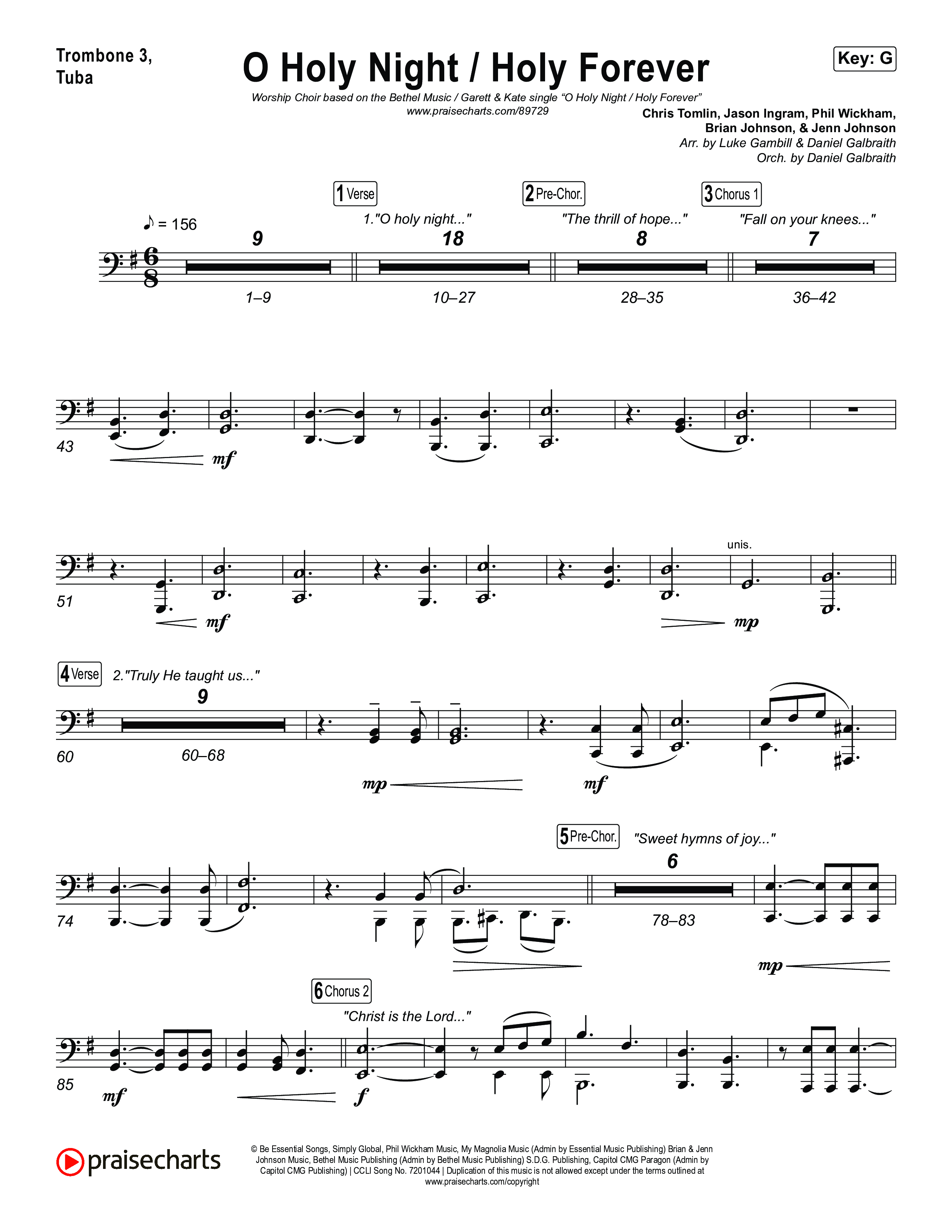 O Holy Night / Holy Forever (Worship Choir/SAB) Trombone 3/Tuba (Bethel Music / Garett & Kate / Arr. Luke Gambill)