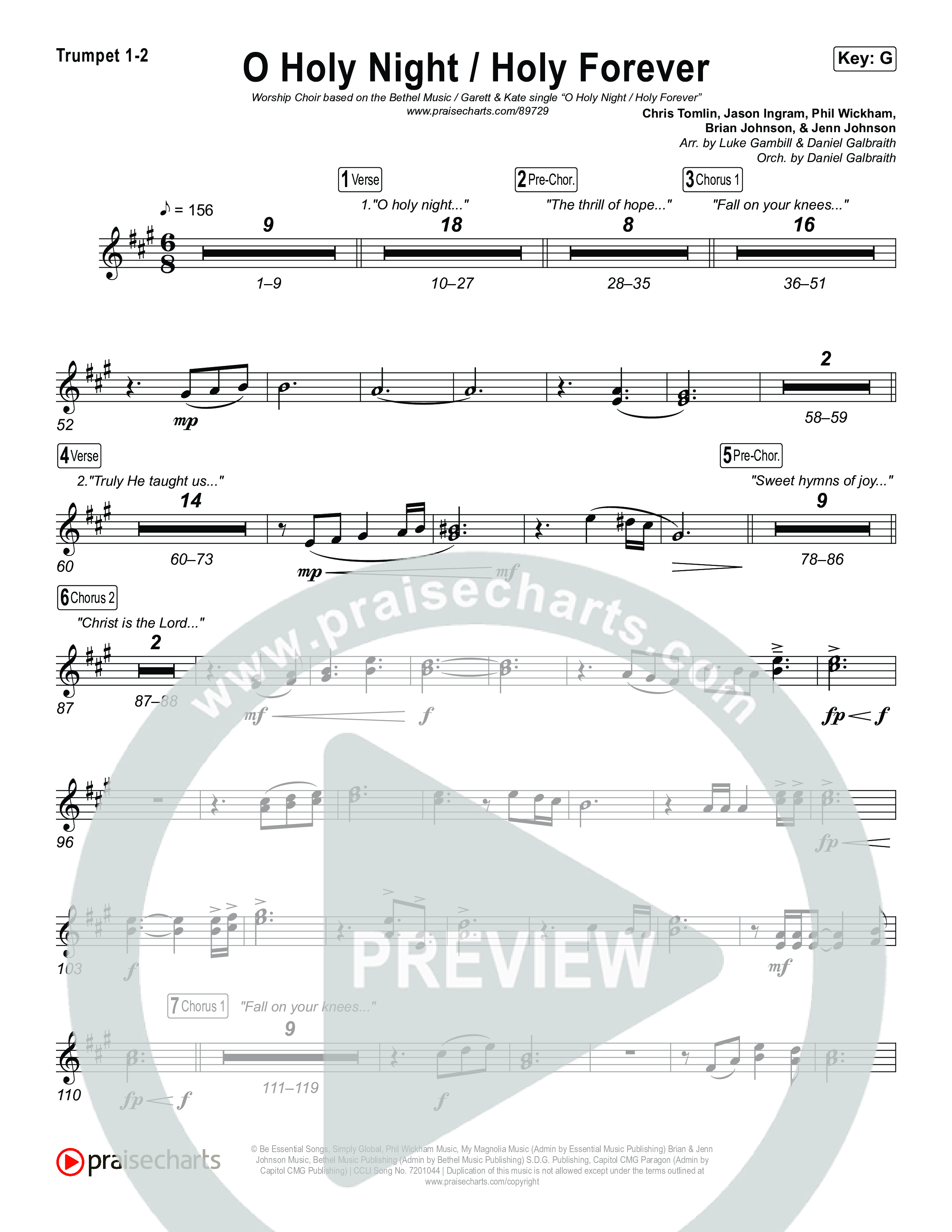 O Holy Night / Holy Forever (Worship Choir/SAB) Trumpet 1,2 (Bethel Music / Garett & Kate / Arr. Luke Gambill)