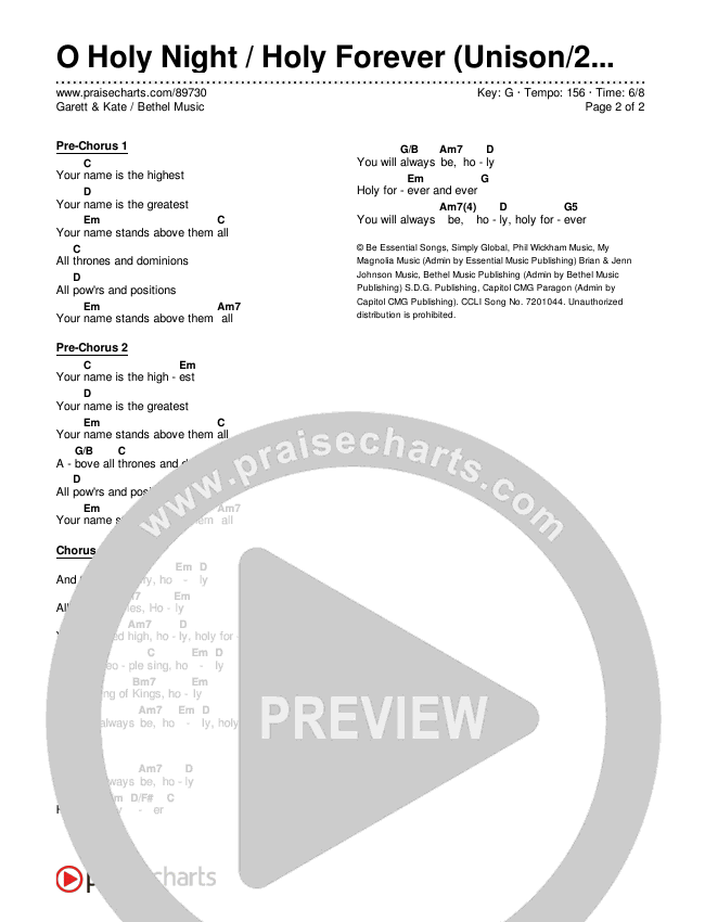 O Holy Night / Holy Forever (Unison/2-Part) Chords & Lyrics (Bethel Music / Garett & Kate / Arr. Luke Gambill)