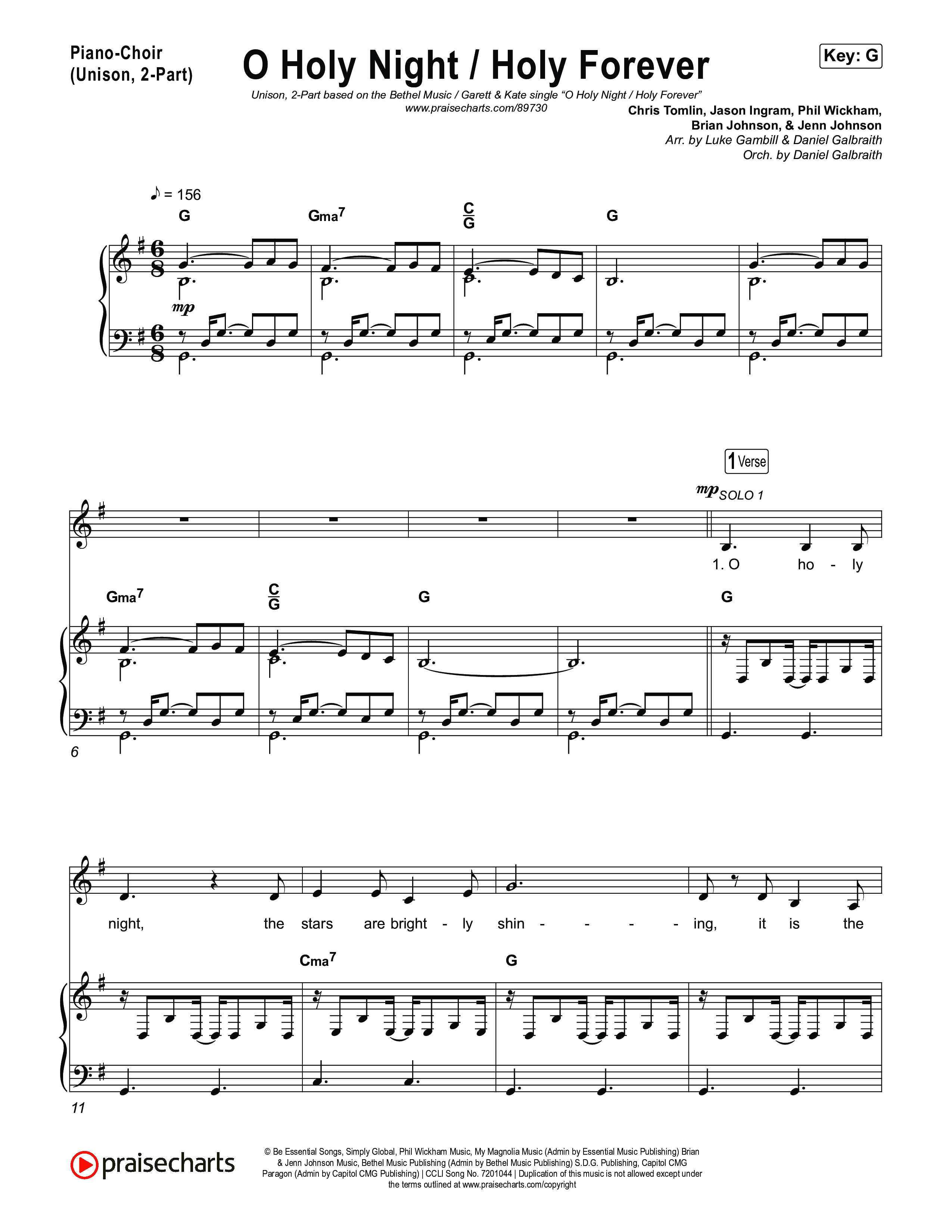 O Holy Night / Holy Forever (Unison/2-Part) Piano/Choir  (Uni/2-Part) (Bethel Music / Garett & Kate / Arr. Luke Gambill)