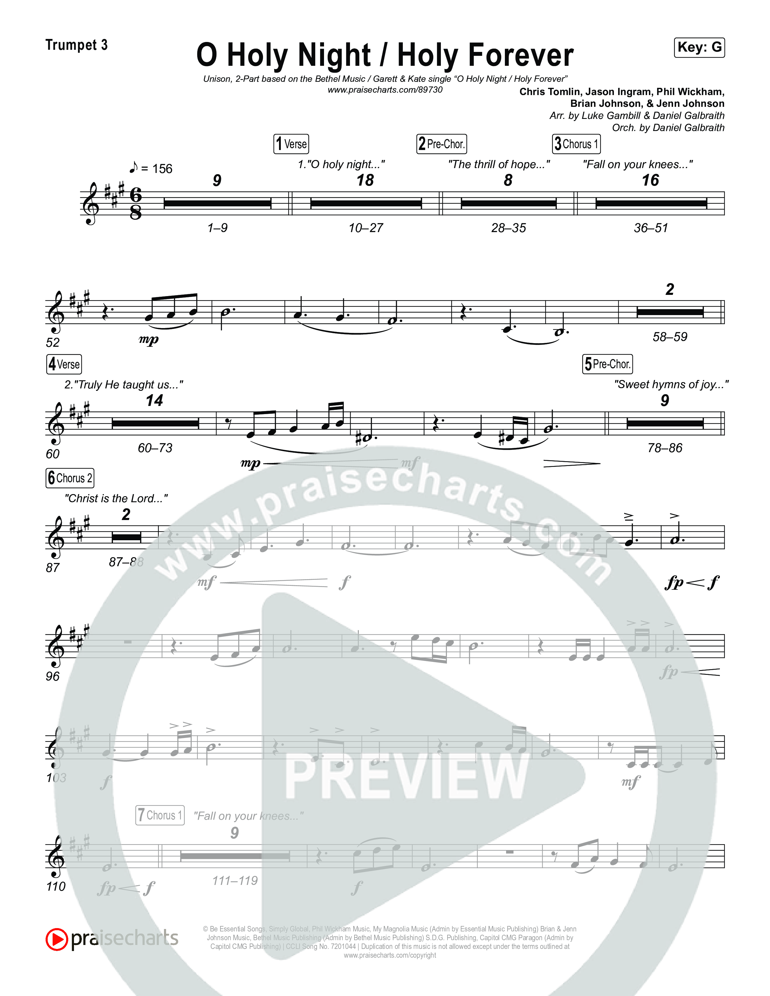 O Holy Night / Holy Forever (Unison/2-Part) Trumpet 3 (Bethel Music / Garett & Kate / Arr. Luke Gambill)