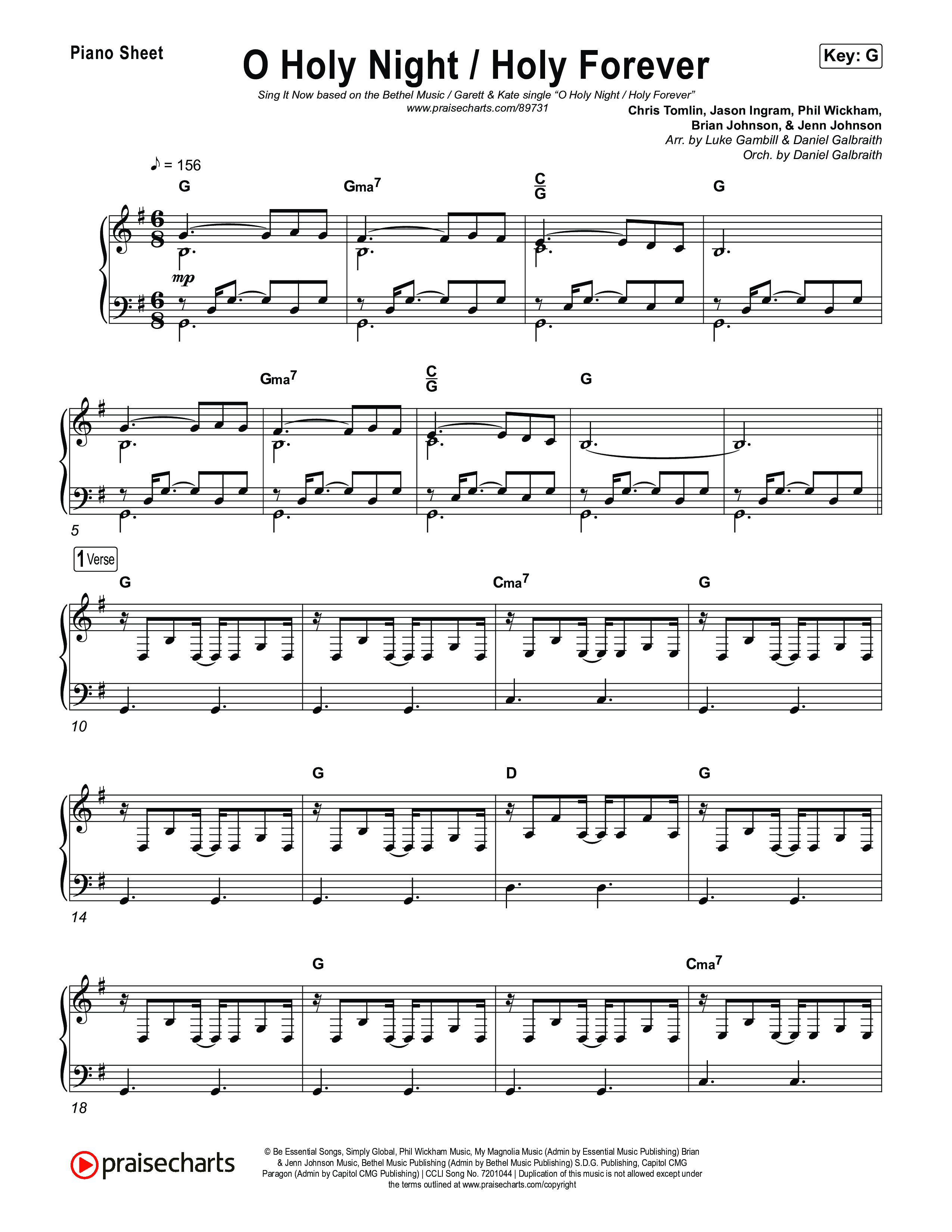 O Holy Night / Holy Forever (Sing It Now) Piano Sheet (Bethel Music / Garett & Kate / Arr. Luke Gambill)