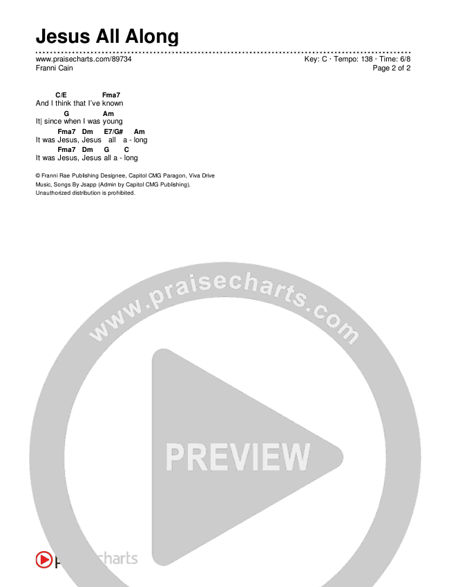 Jesus All Along Chords & Lyrics (Franni Cain)