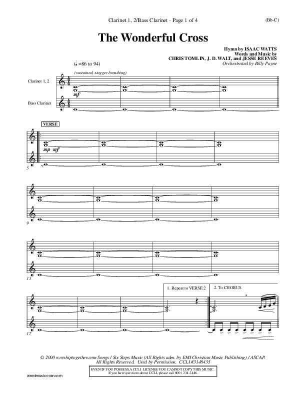 The Wonderful Cross Clarinet 1/2, Bass Clarinet (Chris Tomlin)