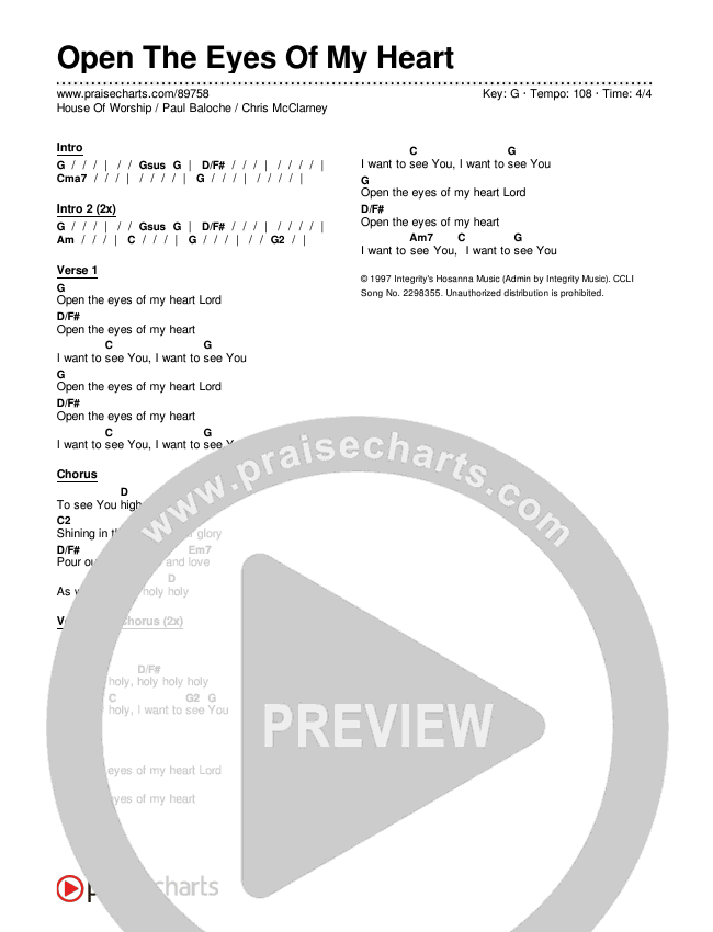 Open The Eyes Of My Heart Chords & Lyrics (House Of Worship / Paul Baloche / Chris McClarney)