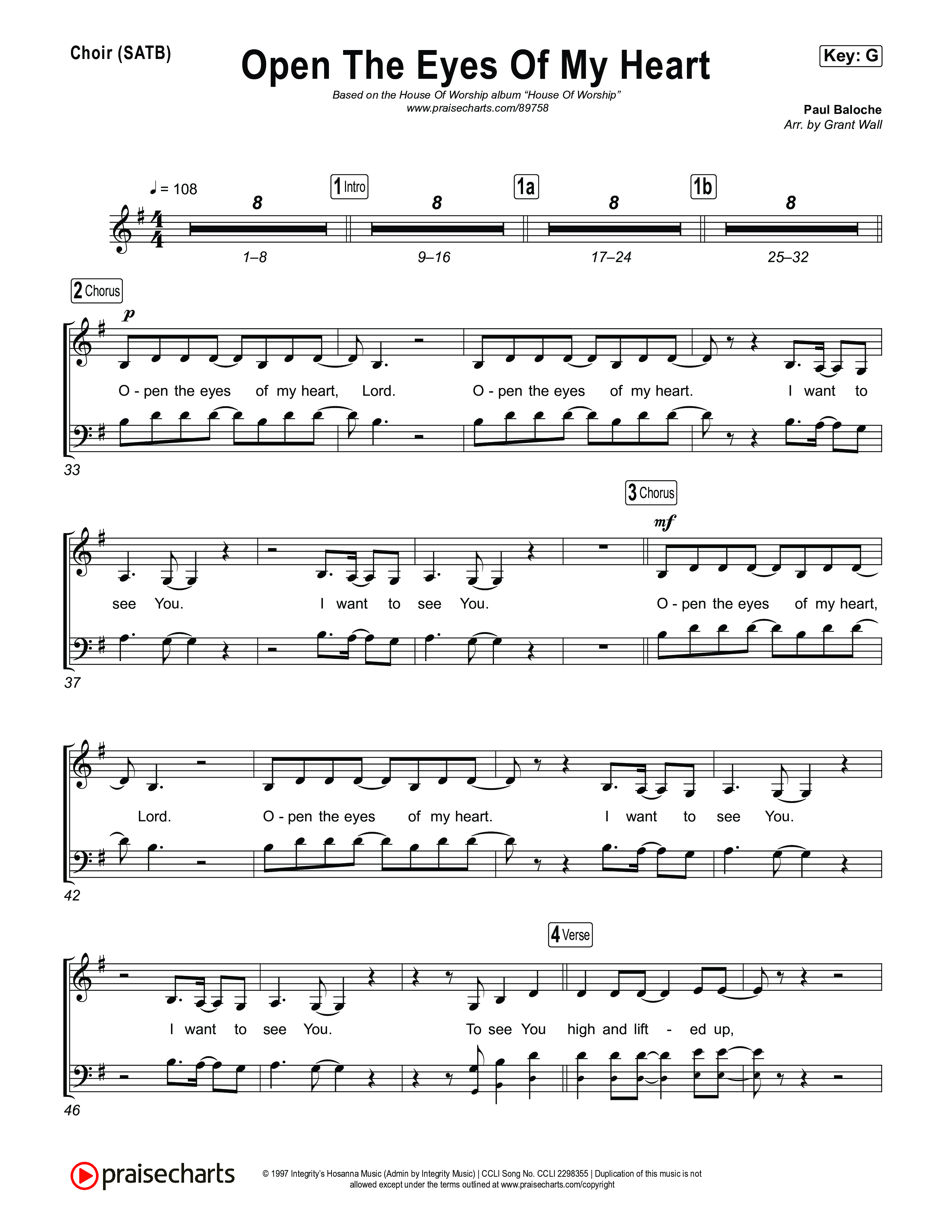 Open The Eyes Of My Heart Choir Sheet (SATB) (House Of Worship / Paul Baloche / Chris McClarney)