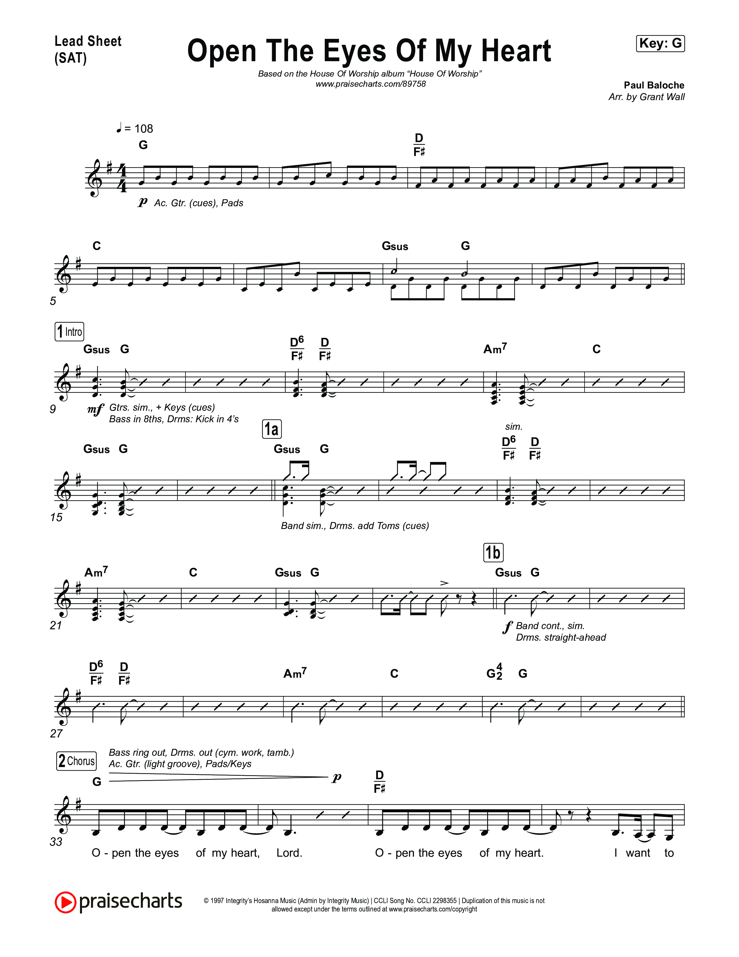 Open The Eyes Of My Heart Lead Sheet (SAT) (House Of Worship / Paul Baloche / Chris McClarney)