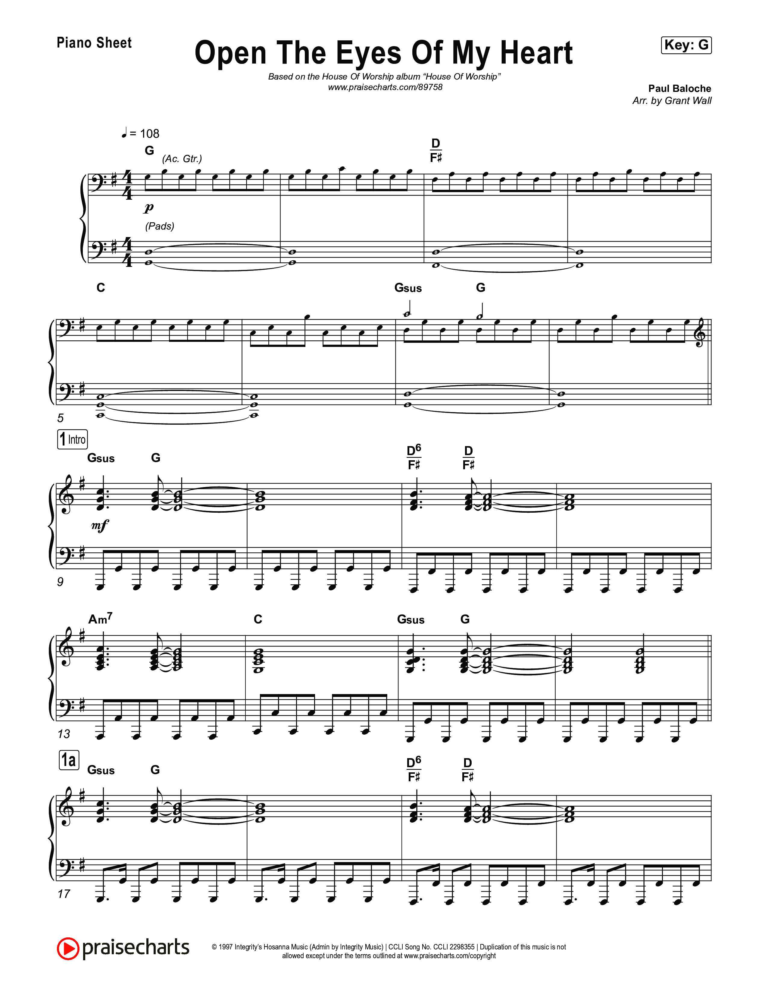 Open The Eyes Of My Heart Piano Sheet (House Of Worship / Paul Baloche / Chris McClarney)