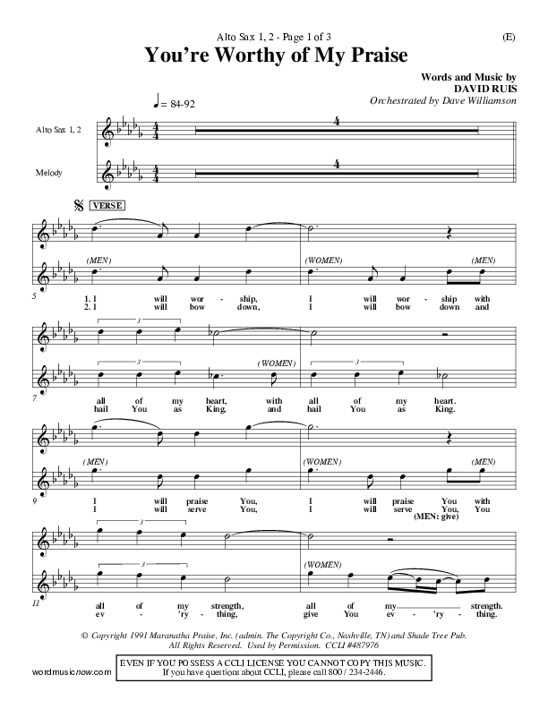 You're Worthy Of My Praise Alto Sax 1/2 (David Ruis)