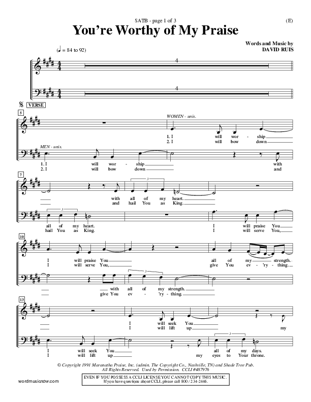 You're Worthy Of My Praise Vocal Sheet (SATB) (David Ruis)