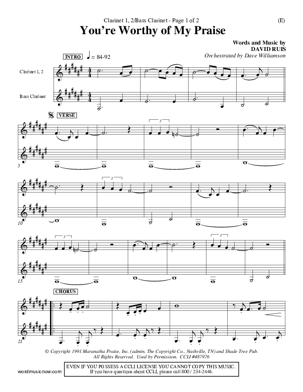 You're Worthy Of My Praise Clarinet 1/2, Bass Clarinet (David Ruis)