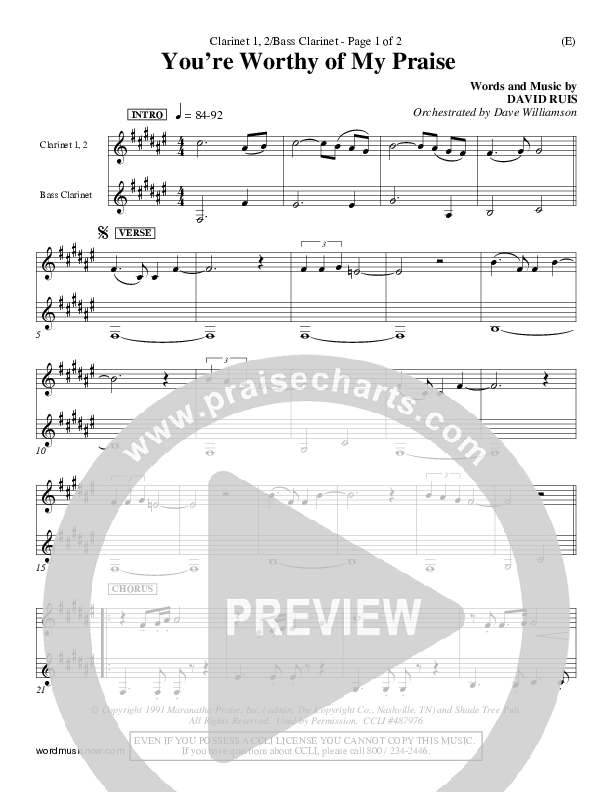 You're Worthy Of My Praise Clarinet 1/2, Bass Clarinet (David Ruis)