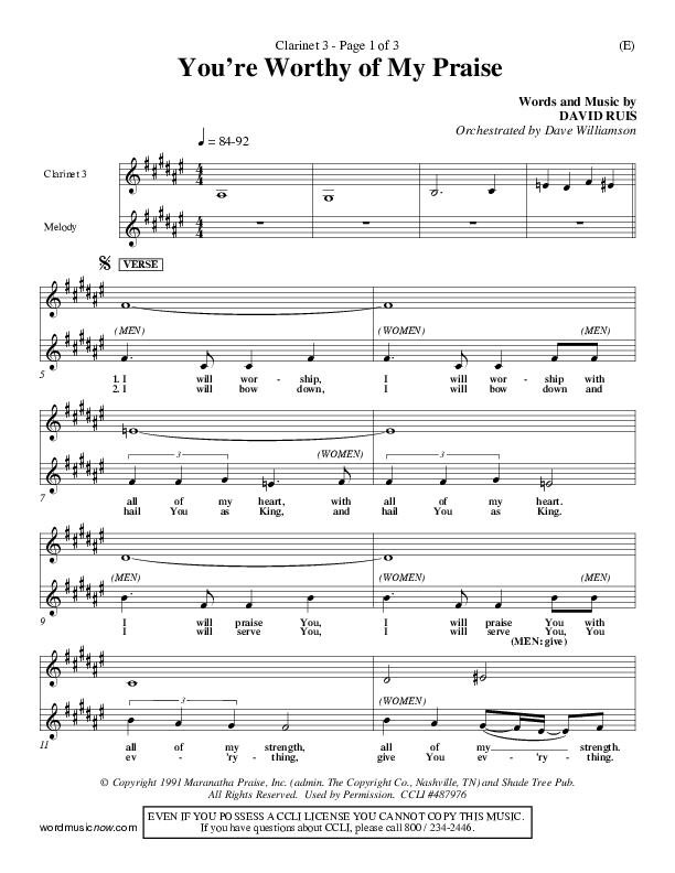 You're Worthy Of My Praise Clarinet 3 (David Ruis)
