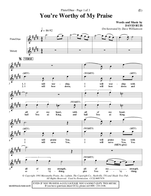 You're Worthy Of My Praise Flute/Oboe (David Ruis)