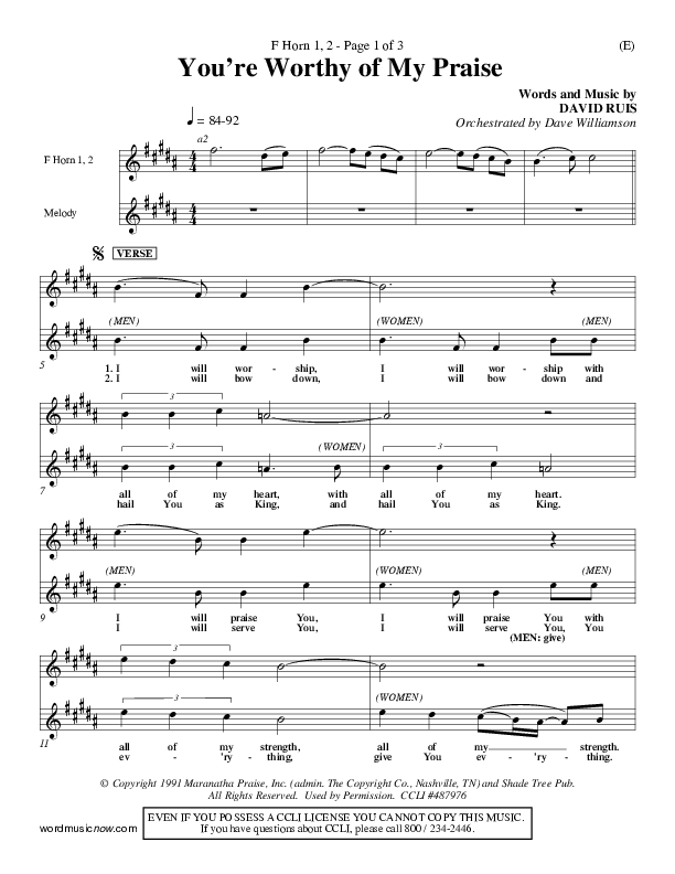 You're Worthy Of My Praise French Horn 1/2 (David Ruis)