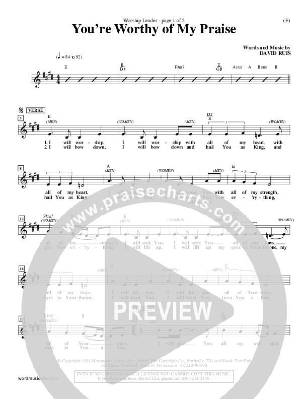 You're Worthy Of My Praise Lead Sheet (David Ruis)