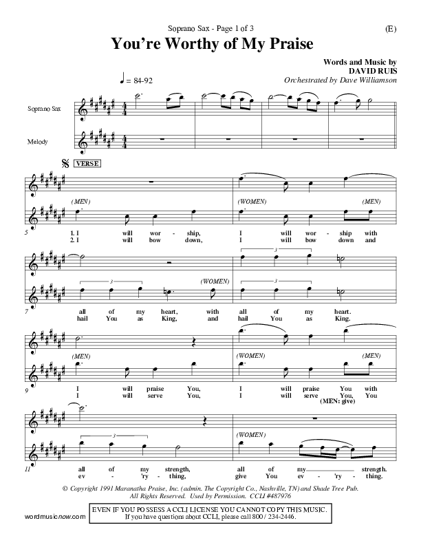 You're Worthy Of My Praise Soprano Sax (David Ruis)