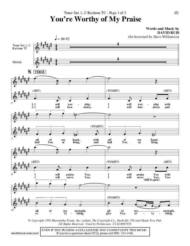 You're Worthy Of My Praise Tenor Sax/Baritone T.C. (David Ruis)