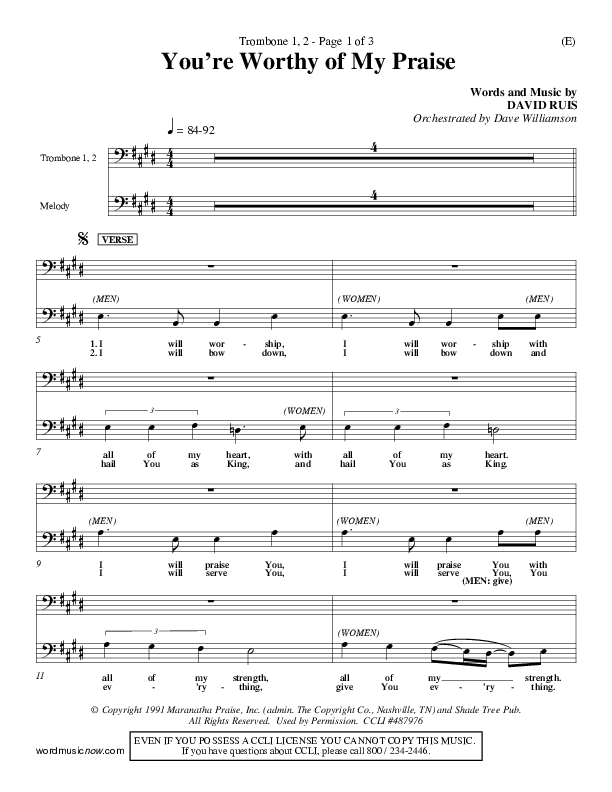 You're Worthy Of My Praise Trombone 1/2 (David Ruis)