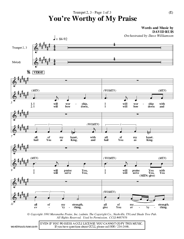 You're Worthy Of My Praise Trumpet 2/3 (David Ruis)