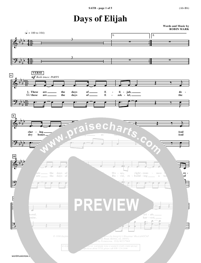 Days of Elijah Sheet Music PDF (Robin Mark) - PraiseCharts