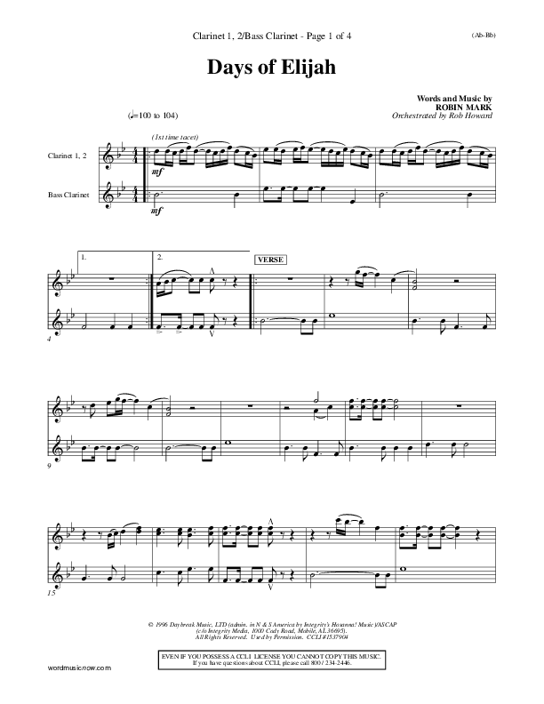 Days of Elijah Bass Clarinet (Robin Mark)