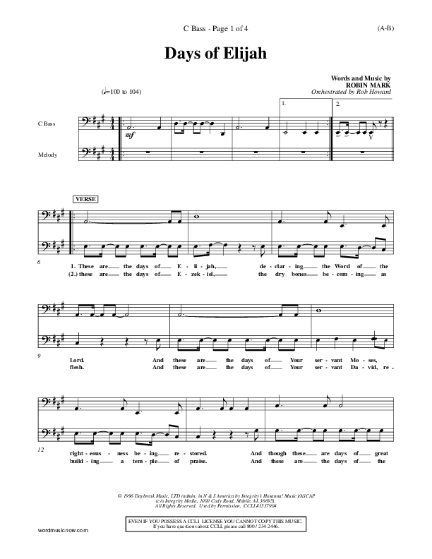 Days of Elijah Cello (Robin Mark)