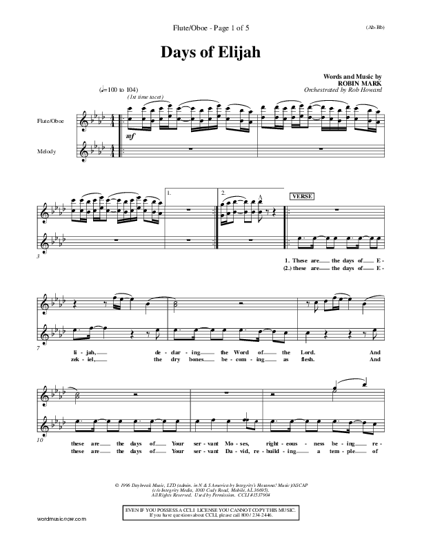 Days of Elijah Flute/Oboe (Robin Mark)